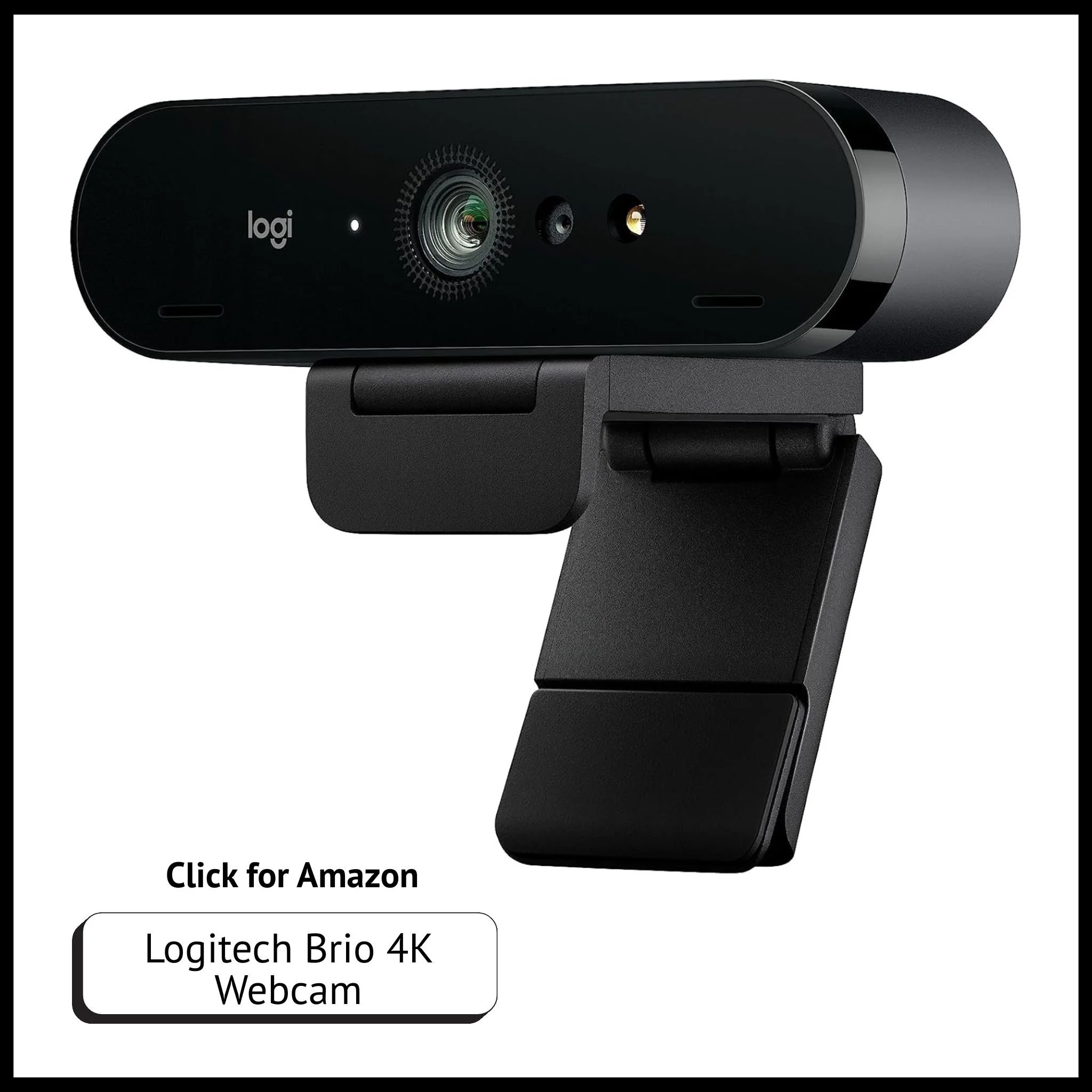 Logitech Brio 4K webcam with ultra-HD resolution, autofocus, and HDR for streaming, meetings, and content creation.