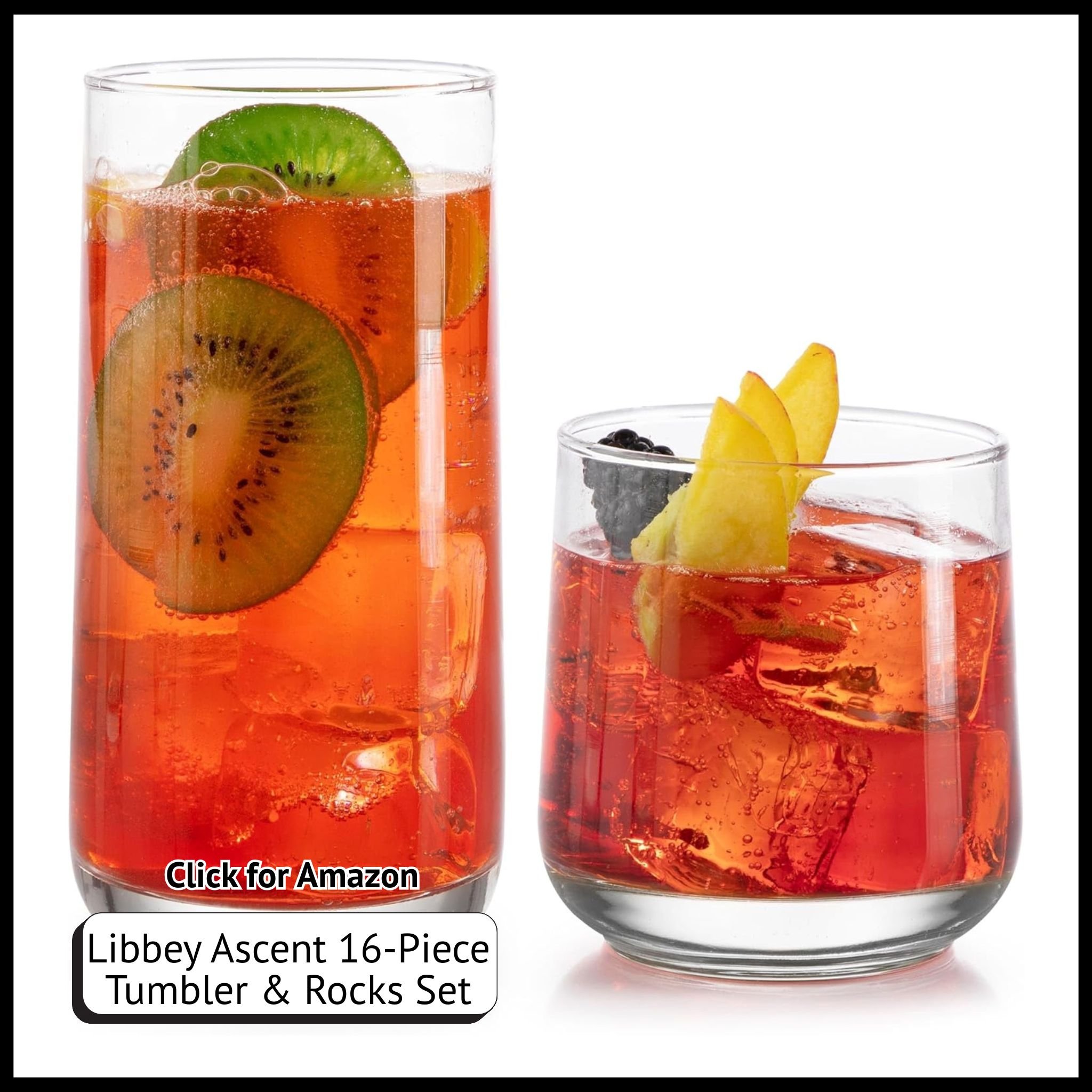 Libbey Ascent 16-piece glassware set with 8 16oz tumblers and 8 13.3oz rocks glasses, lead-free, dishwasher safe
