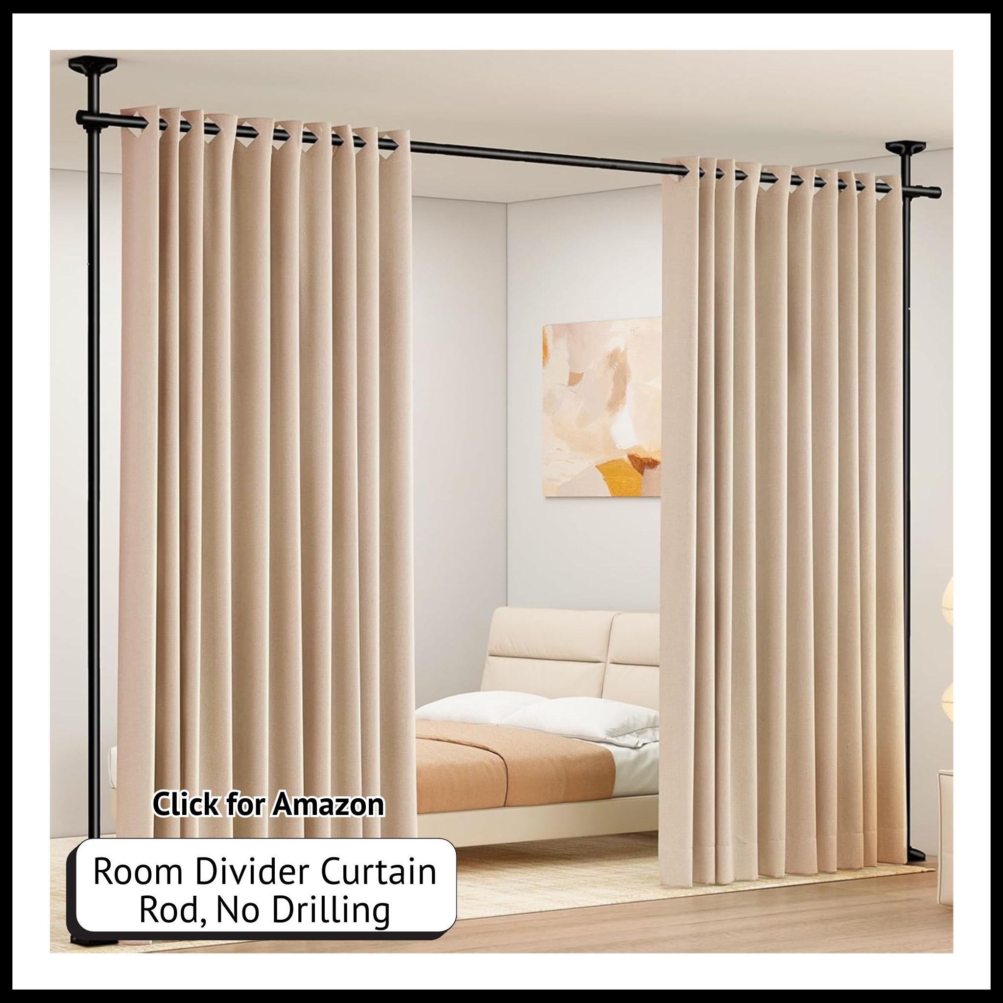 Adjustable no-drill curtain rod room divider – expands 4–10ft high, 28–70in wide for space-saving room separation.
