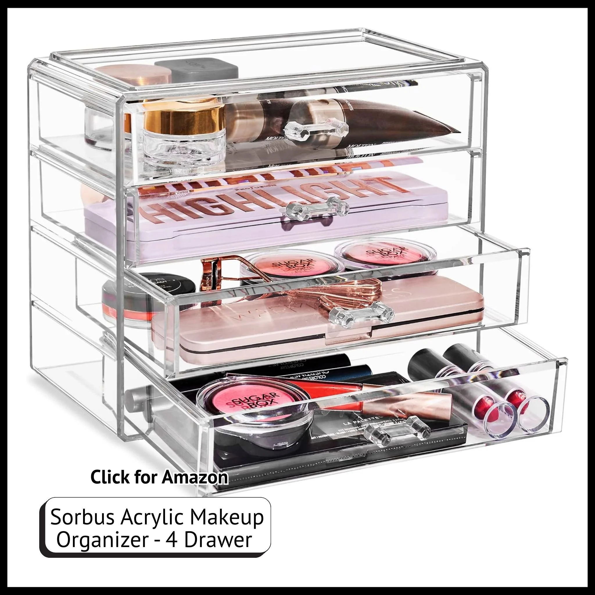 Sorbus 4-drawer acrylic makeup organizer for cosmetics, ideal for storing beauty products, skincare, and accessories.