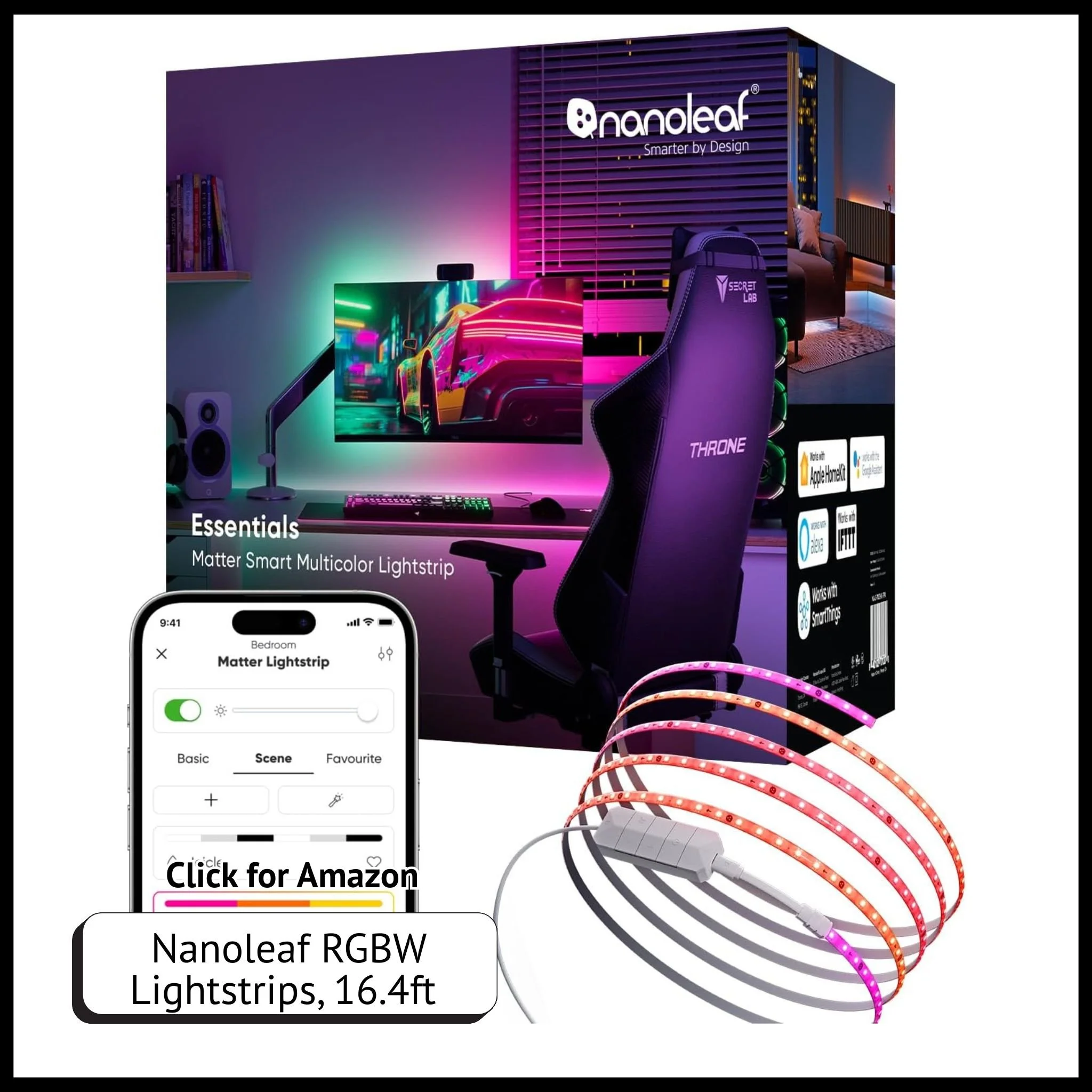 Nanoleaf RGBW smart LED lightstrips with Matter, 16.4 ft Wi-Fi lights for bedrooms with voice and app control.