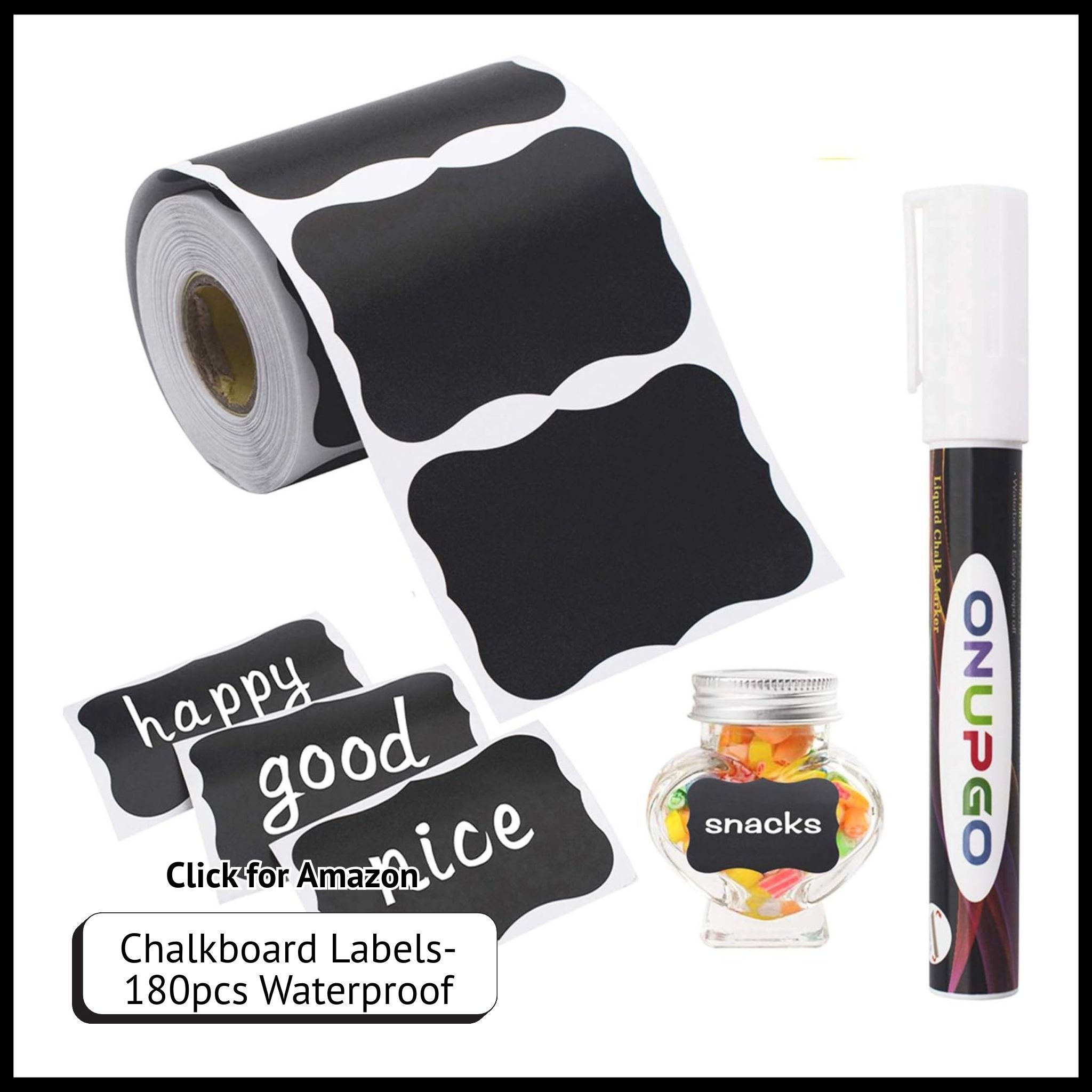 ONUPGO 180pcs Waterproof Reusable Chalkboard Labels with Liquid Chalk Marker – Ideal for Jars & Storage Bins