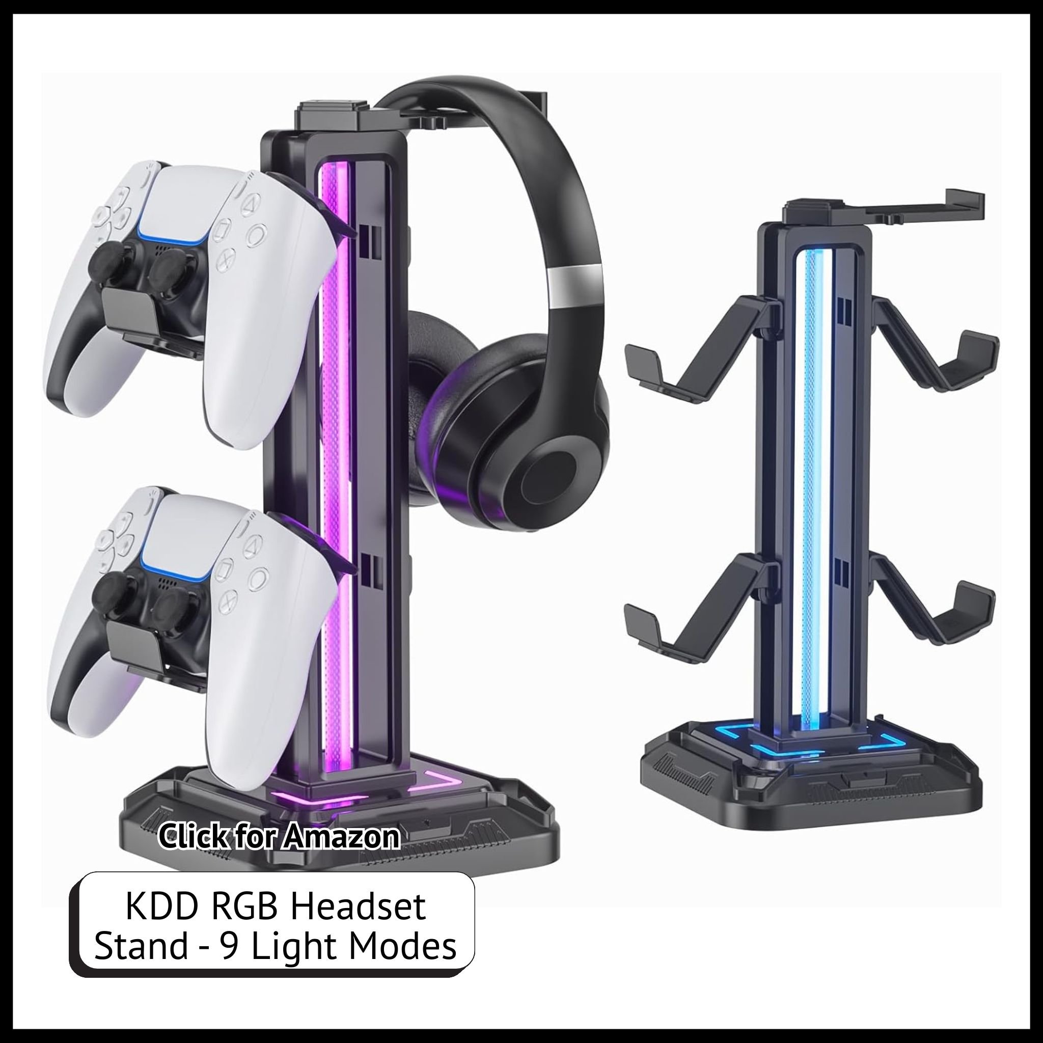 KDD RGB headset stand with 9 light modes, rotatable headphone holder, and detachable controller hook for gaming desks