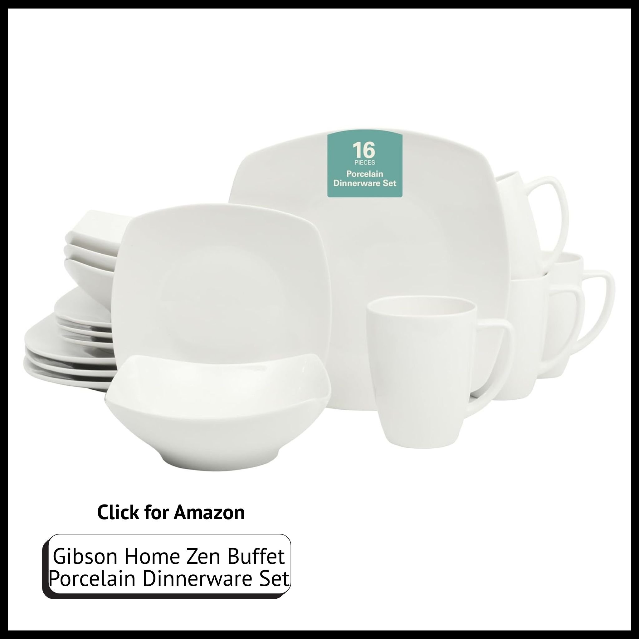 Gibson Home Zen Buffet 16-piece white porcelain dinnerware set with square plates, bowls, mugs; chip-resistant, service for 4