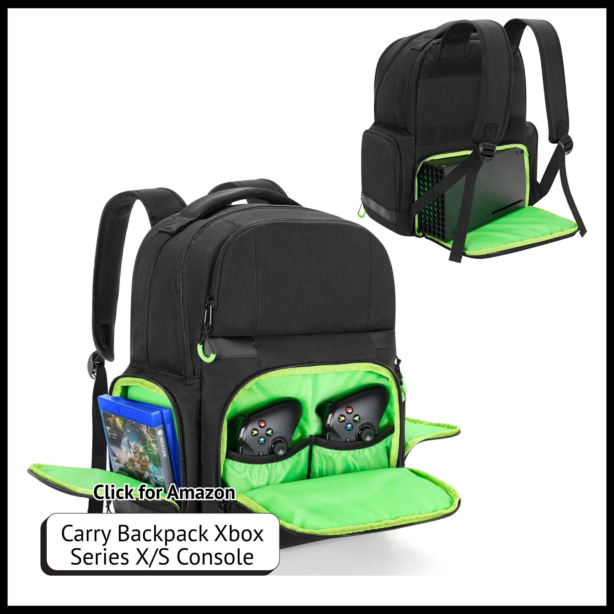 Xbox Series X/S backpack with padded compartments, fits console, controllers, headset; multiple pockets for accessories