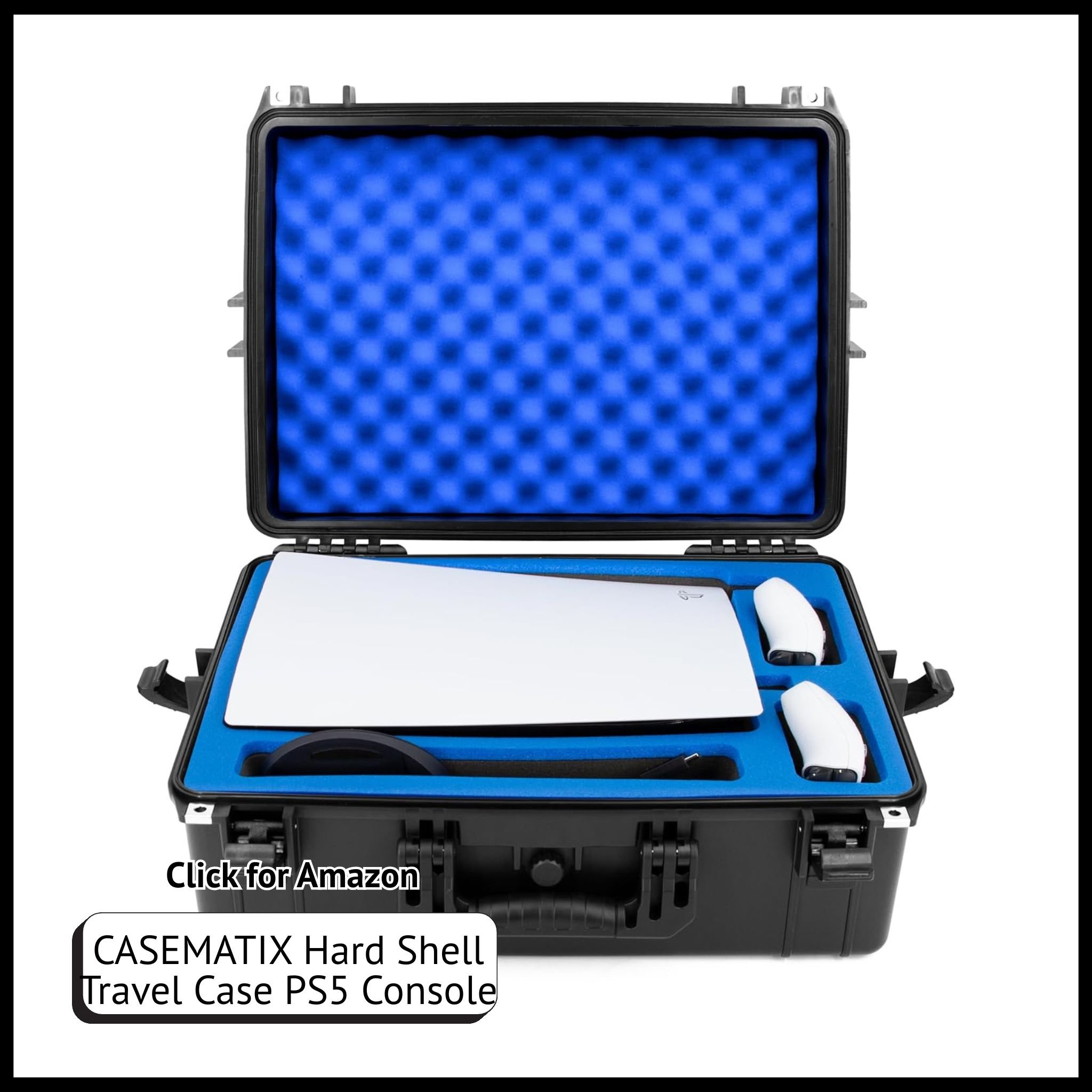CASEMATIX hard shell travel case for PS5, waterproof with custom foam interior, fits console, controllers, and accessories