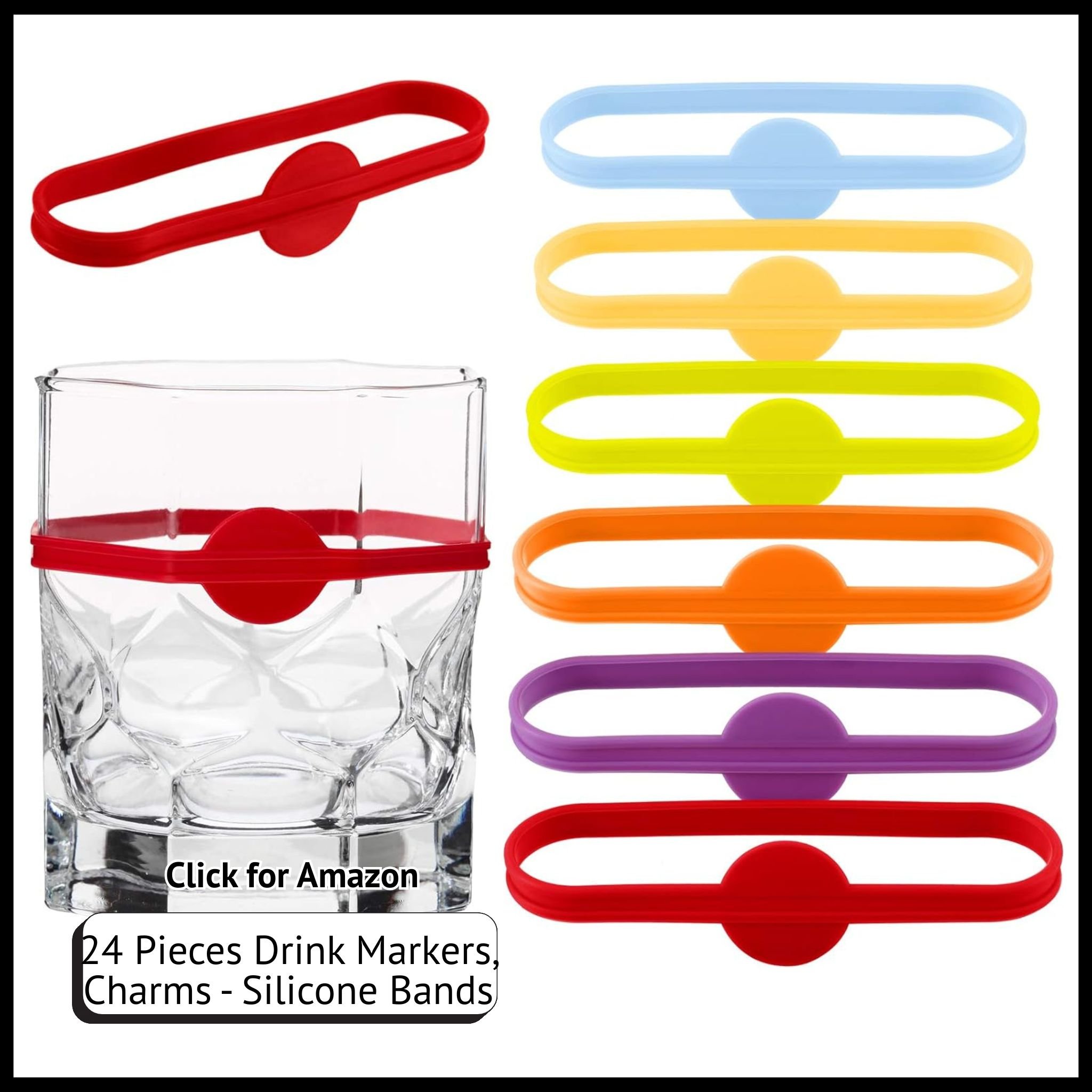 Outus 24-pack silicone drink markers, multicolor stretch bands for wine glasses, cups, bottles; reusable and dishwasher safe