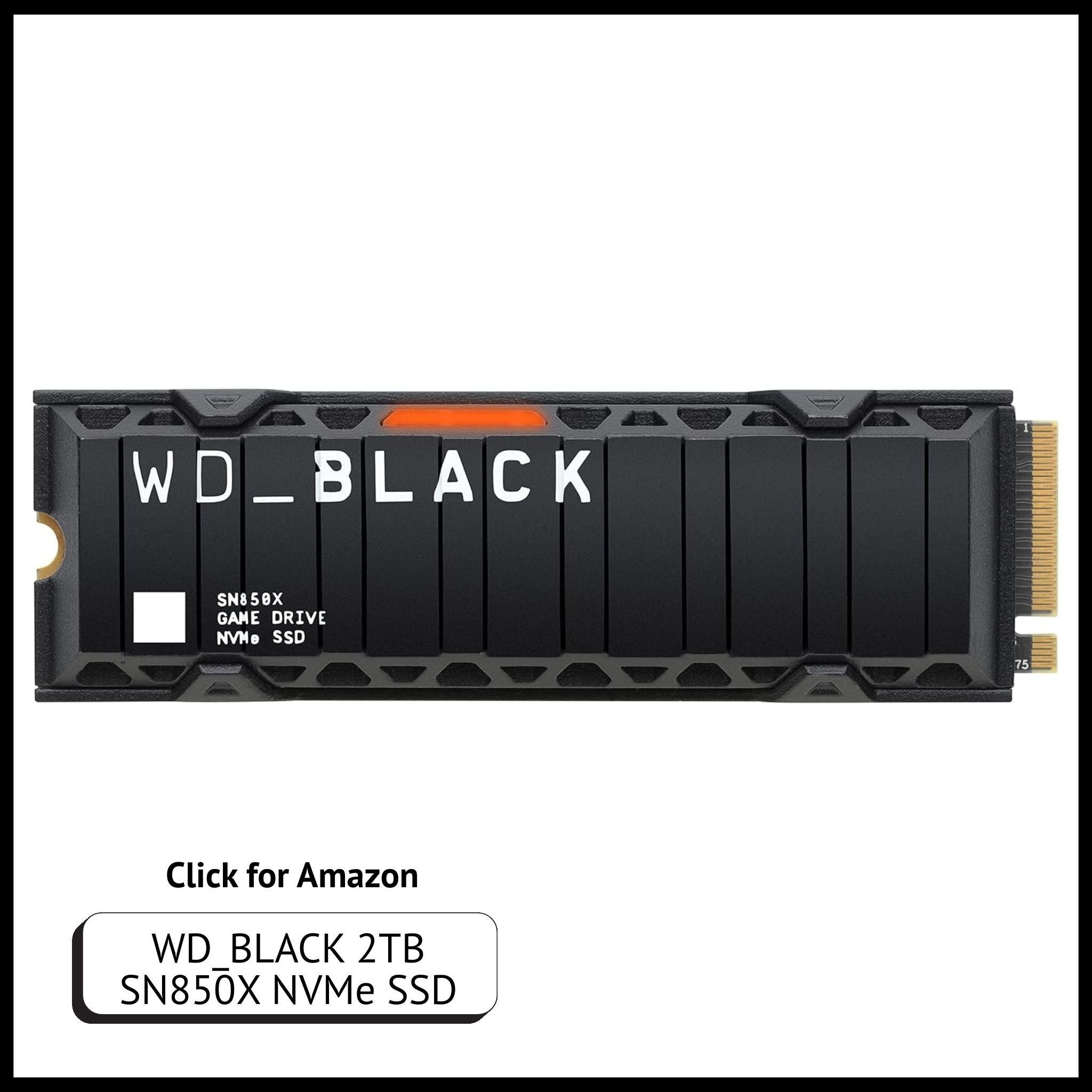 WD_BLACK 2TB SN850X NVMe SSD with heatsink – fast internal gaming drive compatible with PlayStation 5 and PC setups.