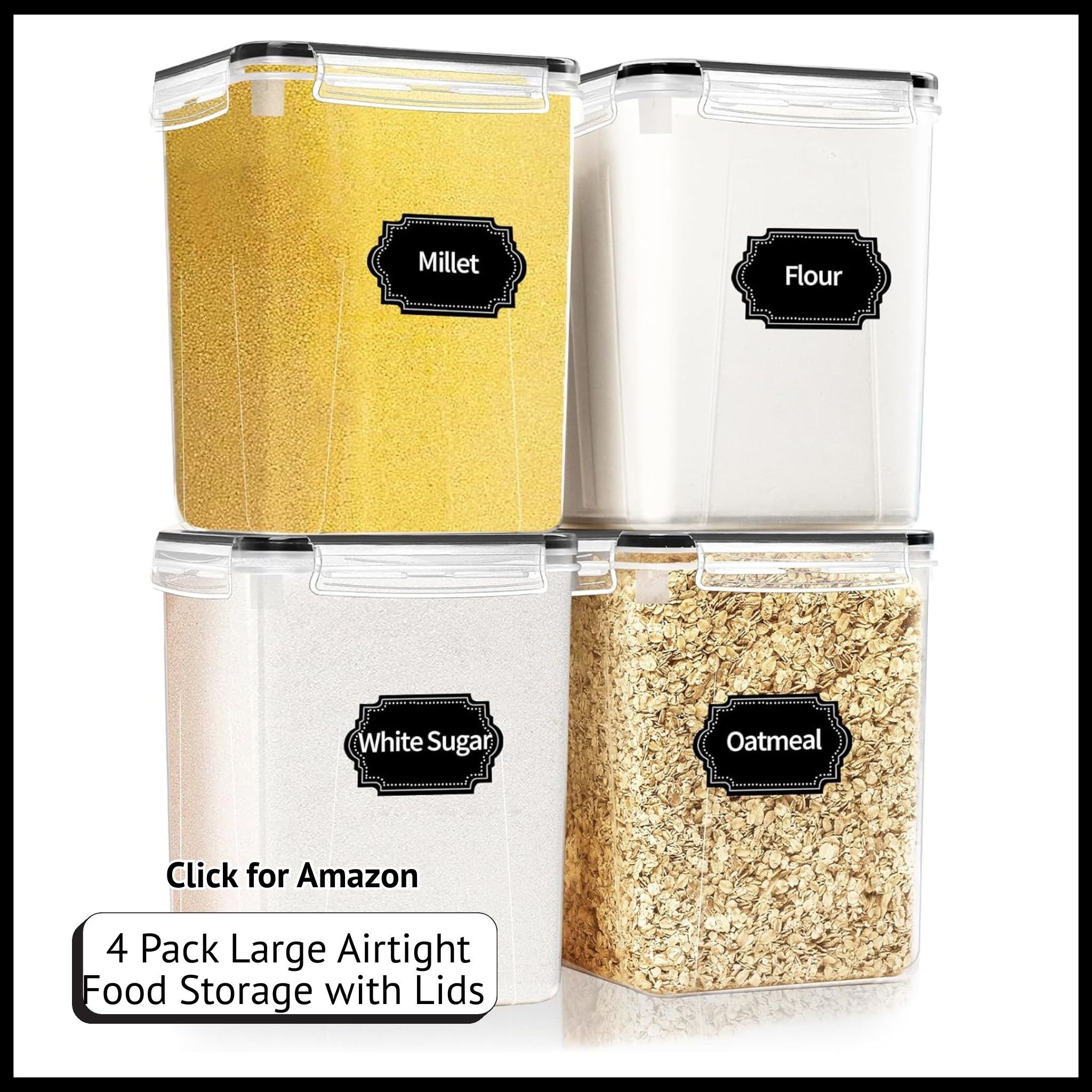 4-pack large airtight food storage containers – 5.2L (176oz) with lids for pantry organization and dry goods freshness.