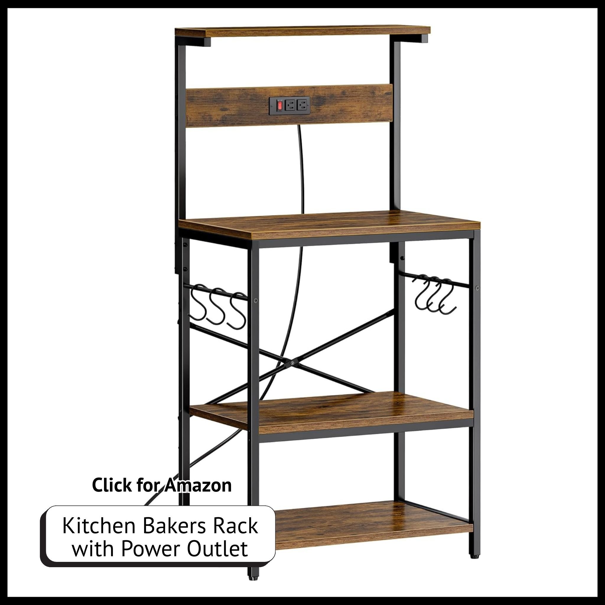 SUPERJARE 4-Tier Kitchen Bakers Rack with Power Outlet, Microwave Stand & 6 Hooks – Coffee Bar Table Organizer.