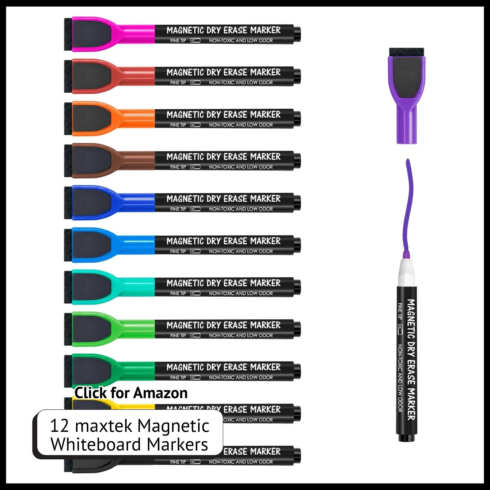maxtek 12-pack magnetic dry erase markers – colorful fine tip whiteboard markers with eraser caps for fridge or office.