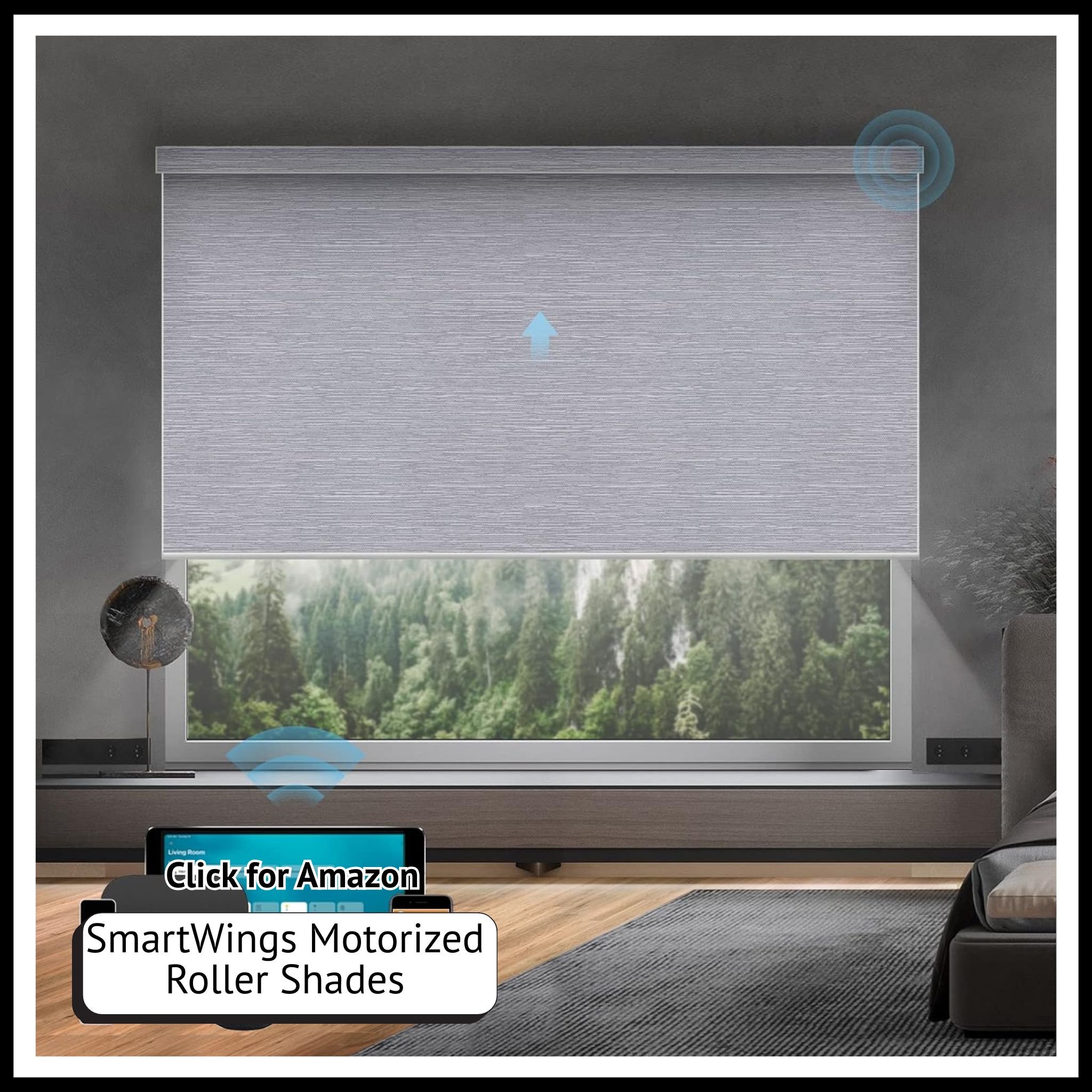 SmartWings blackout roller shades – motorized HomeKit smart window treatment for privacy and automated light control.