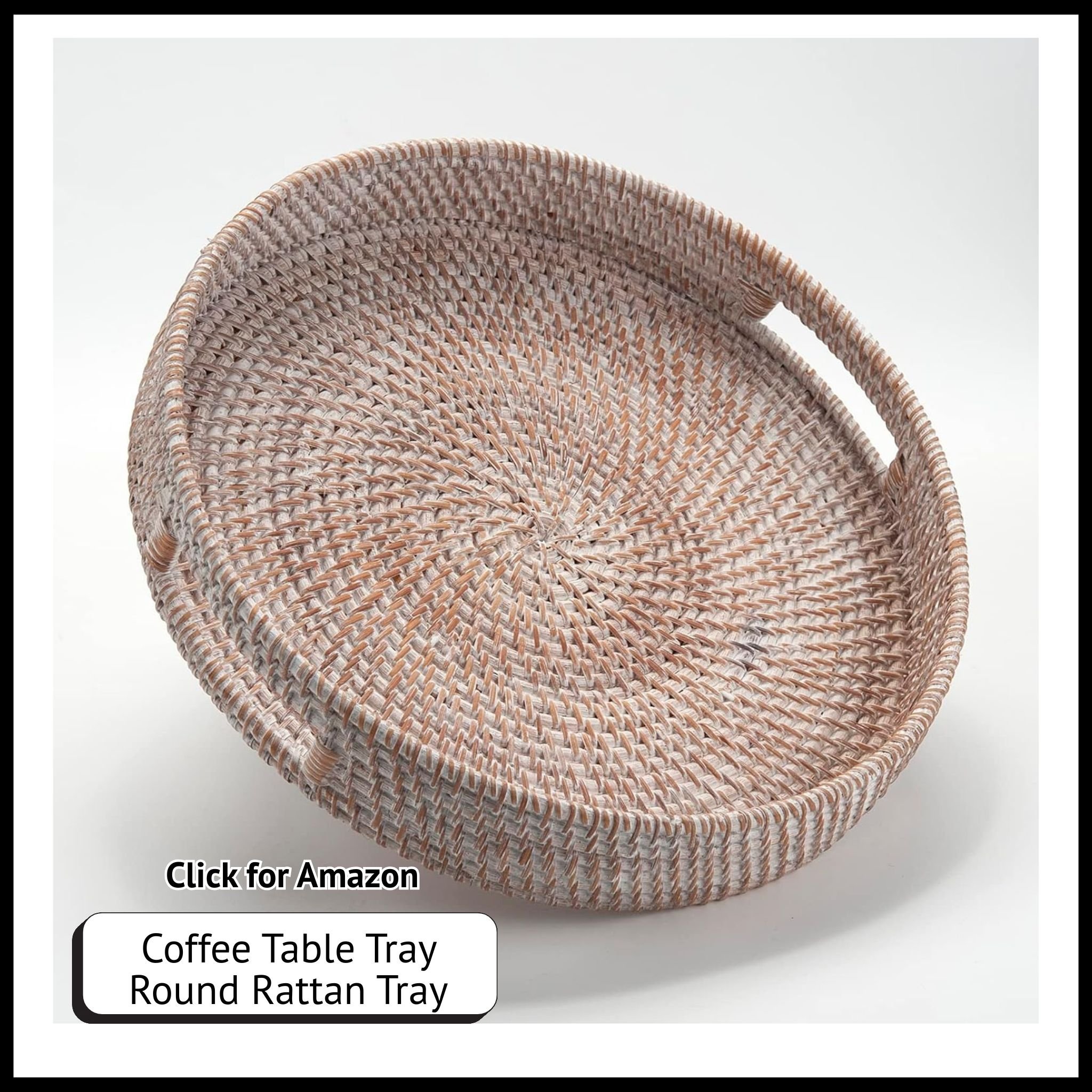 Round Rattan Coffee Table Tray – Woven Decorative Serving Tray with Handles for Home, Kitchen, or Ottoman Use.