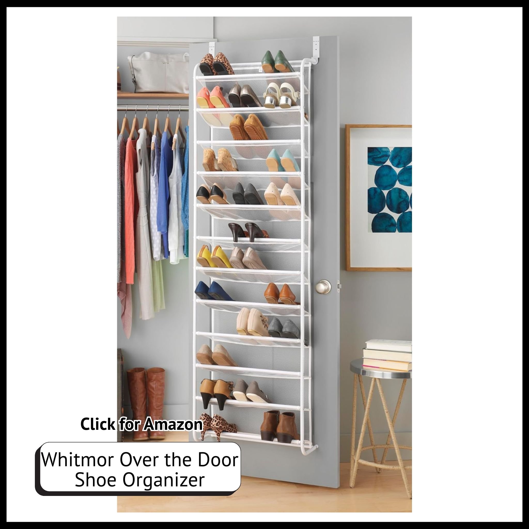 Whitmor Over the Door Shoe Organizer – space-saving 24-pocket hanging storage for shoes, accessories, small household items