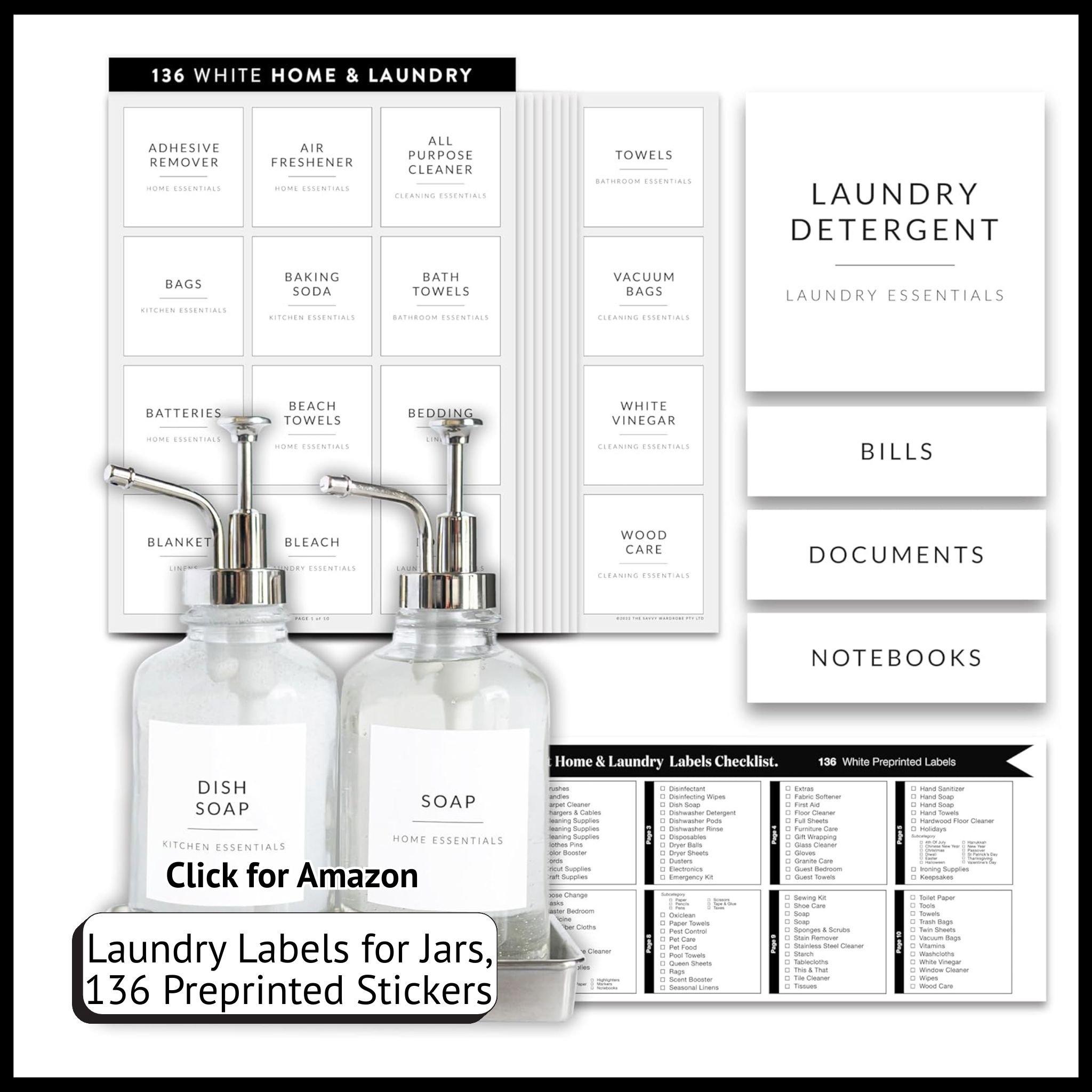 Laundry Labels for Jars – 136 Preprinted Stickers for Bins, Bottles, Linen Closet & Home Organization