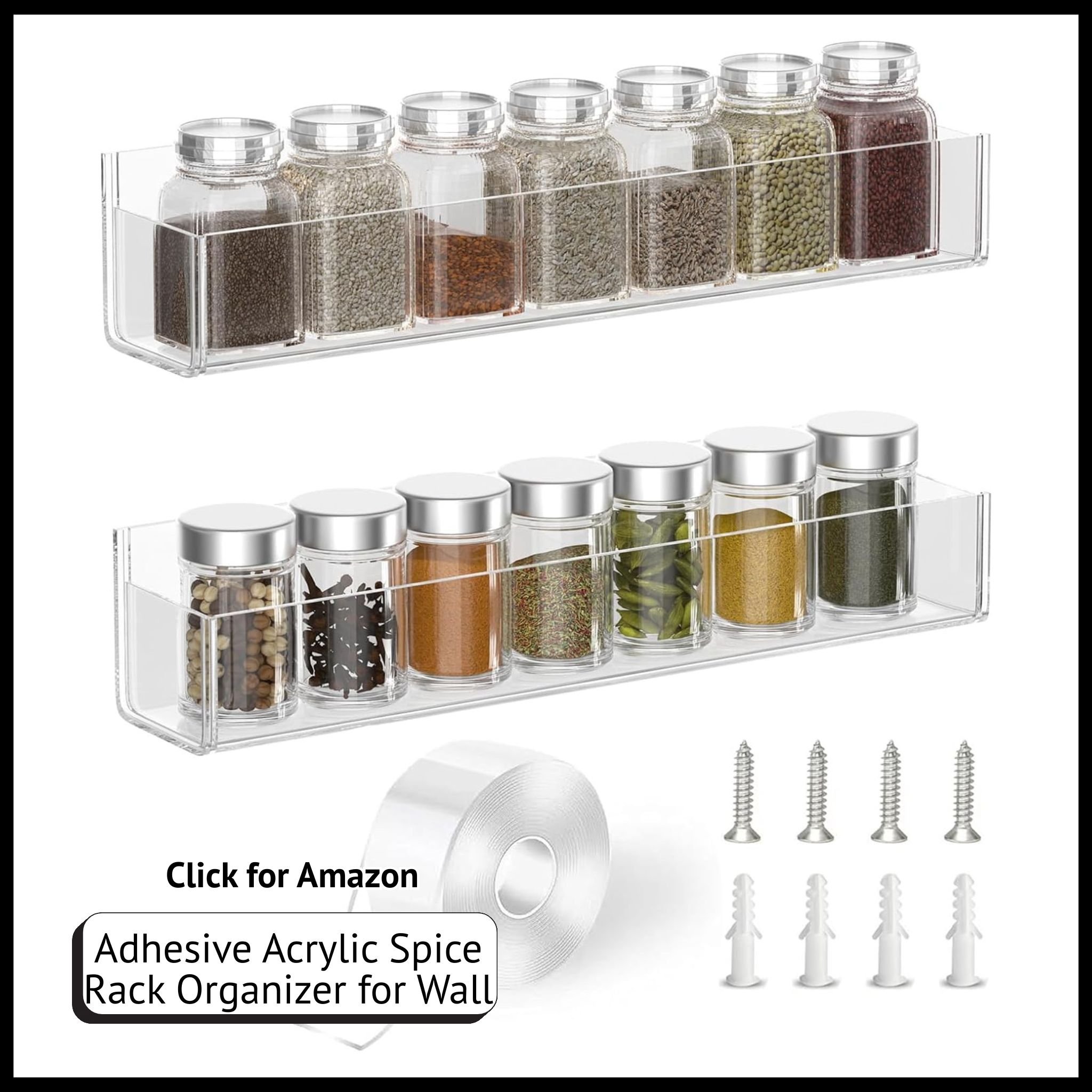 PMMASTO clear acrylic wall spice rack organizer with strong adhesive nano tape – sleek kitchen spice storage solution
