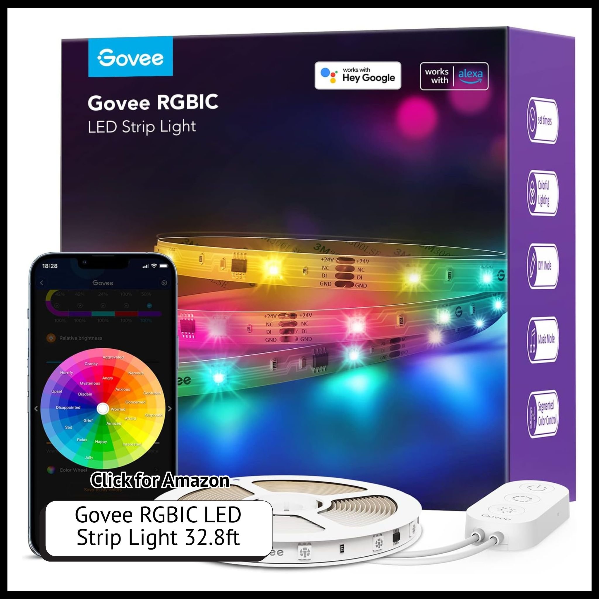 Govee RGBIC smart LED strip lights – 32.8ft Wi-Fi lightstrip with Alexa control, color zones, and dynamic lighting effects.