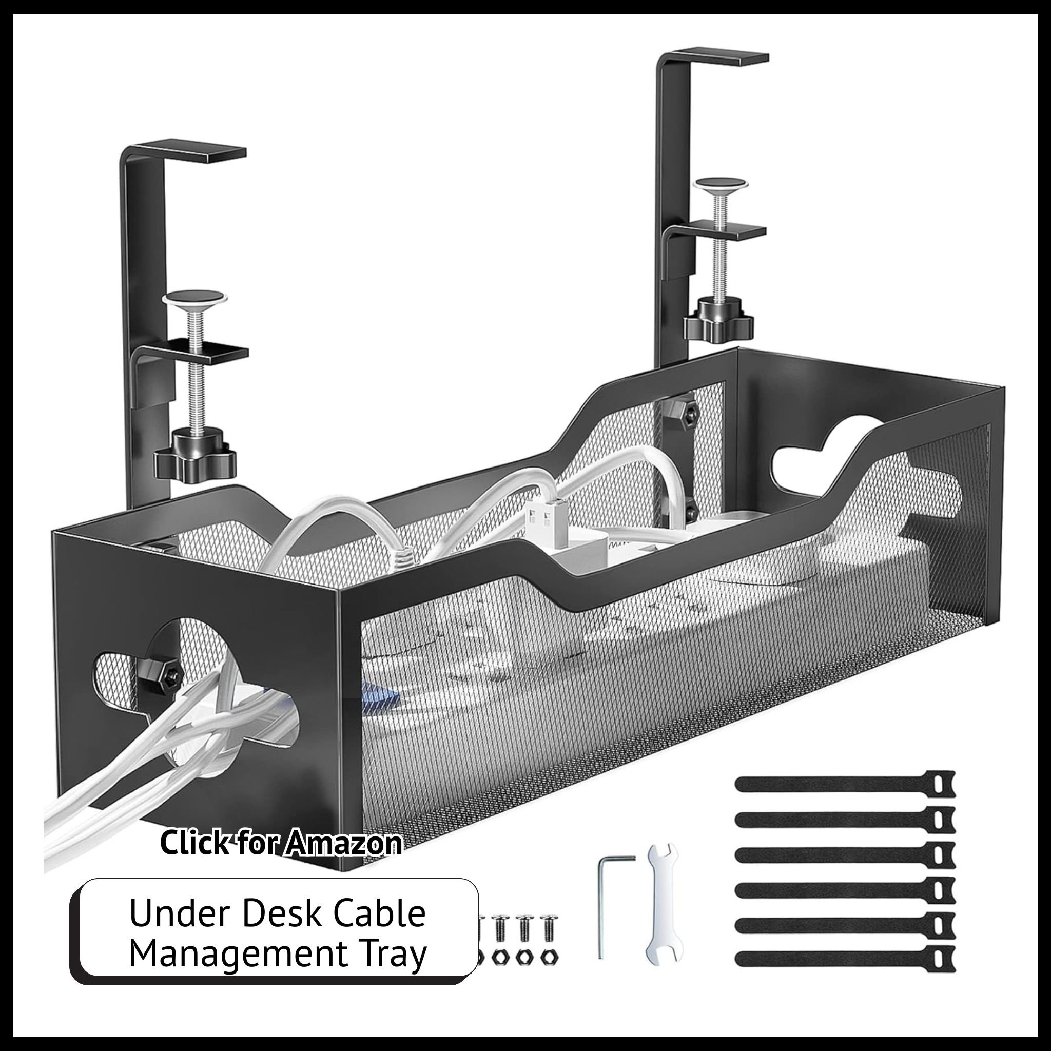 Under Desk Clamp Cable Management Tray – No Drill Metal Mesh Organizer with 2 Holes for Wire and Cord Control.