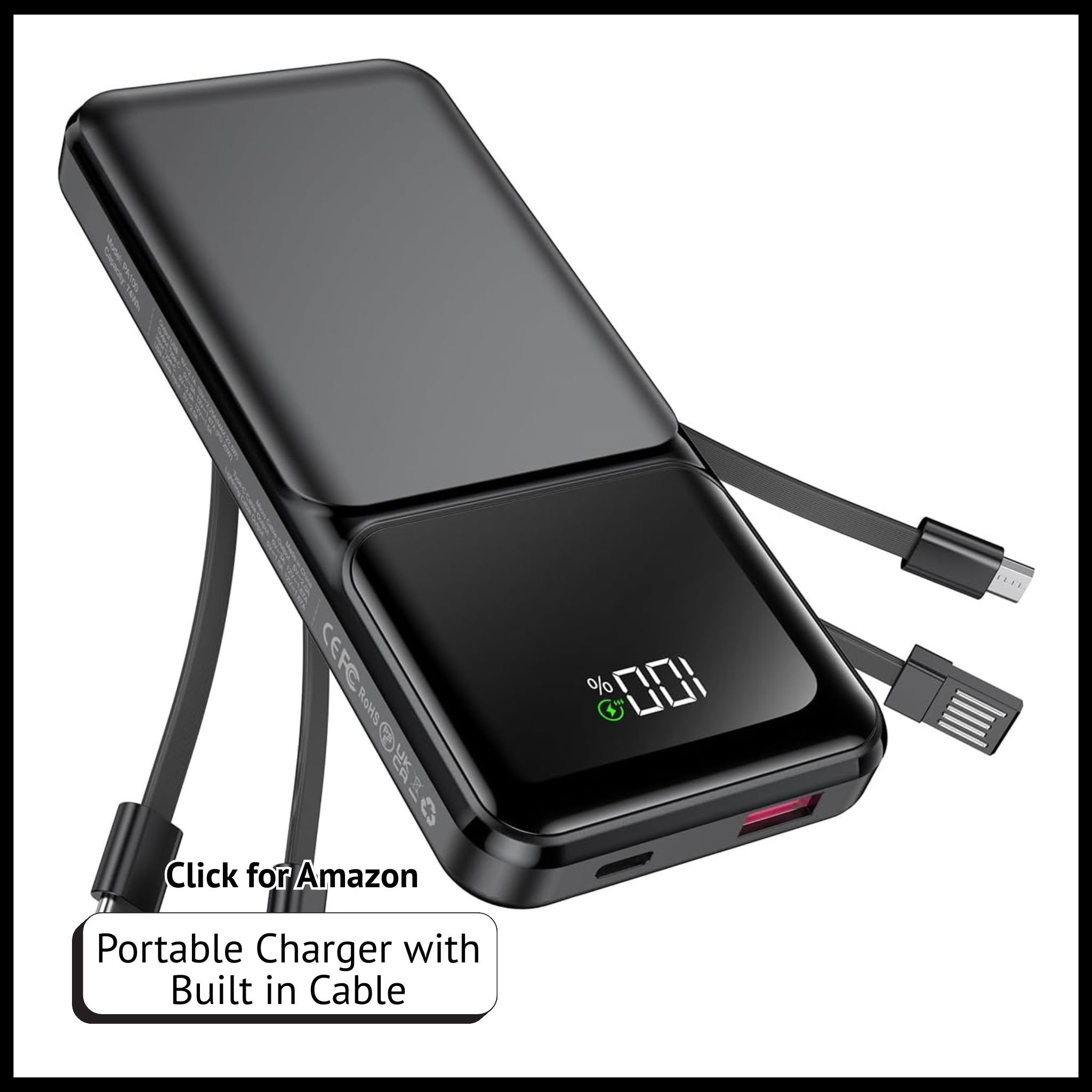 Slim 20,000mAh power bank with built-in USB-C, Lightning, Micro cables; 22.5W fast charging, LED display, 5 outputs