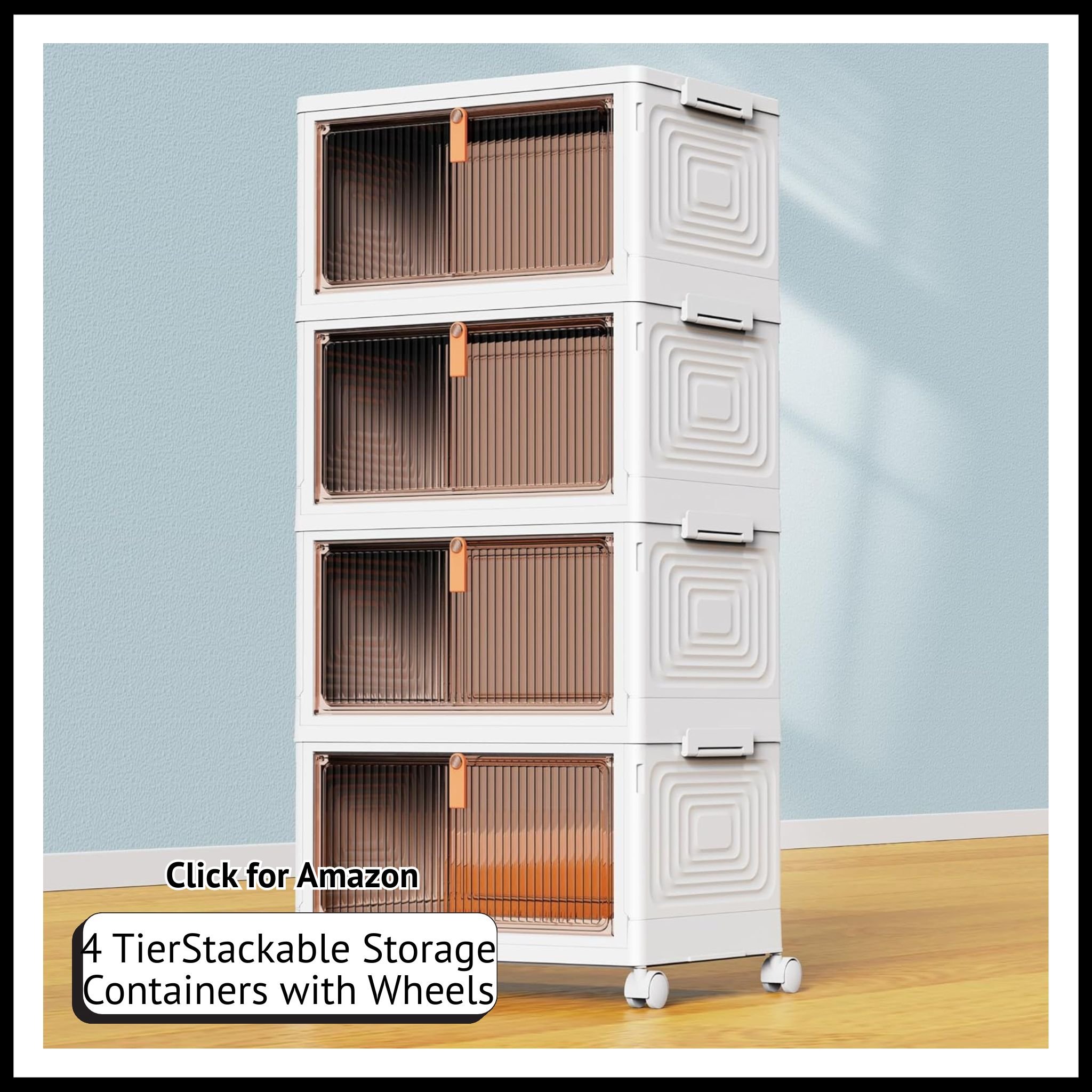 4-tier plastic storage bins with lids – 23QT stackable containers on wheels for organizing pantry, bathroom, office supplies.