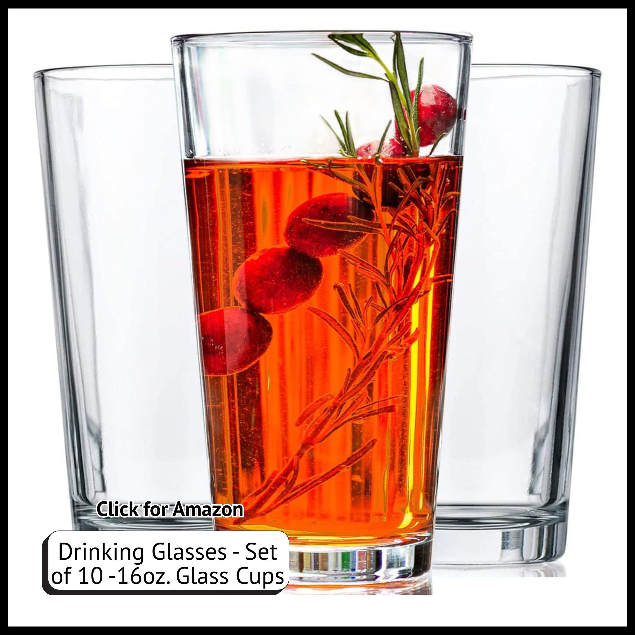 Set of 10 clear 16oz glass tumblers with heavy base, dishwasher safe, ideal for margaritas, cocktails, and everyday drinks