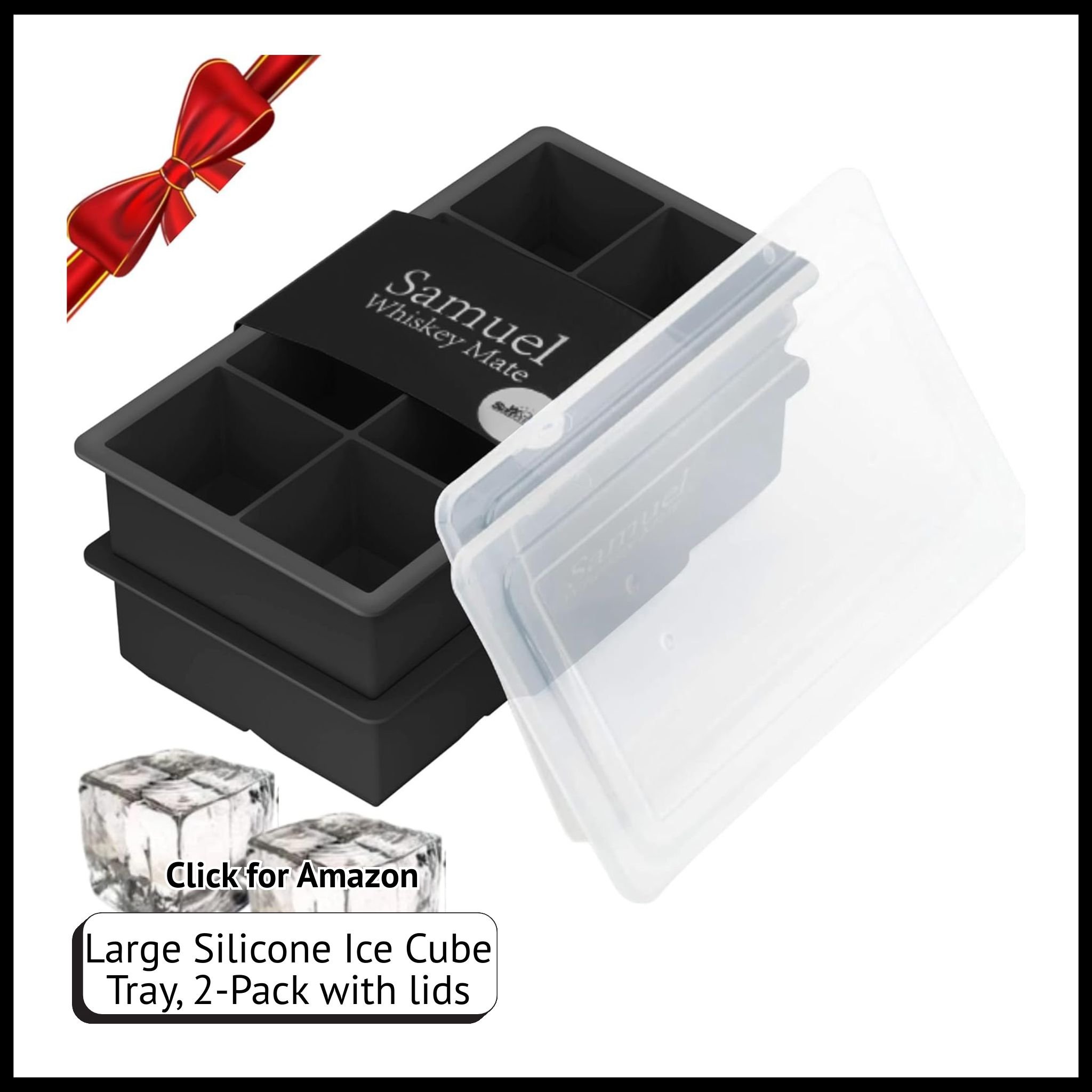 Samuelworld large silicone ice cube trays, 2-pack with lids, 2-inch cubes for cocktails.