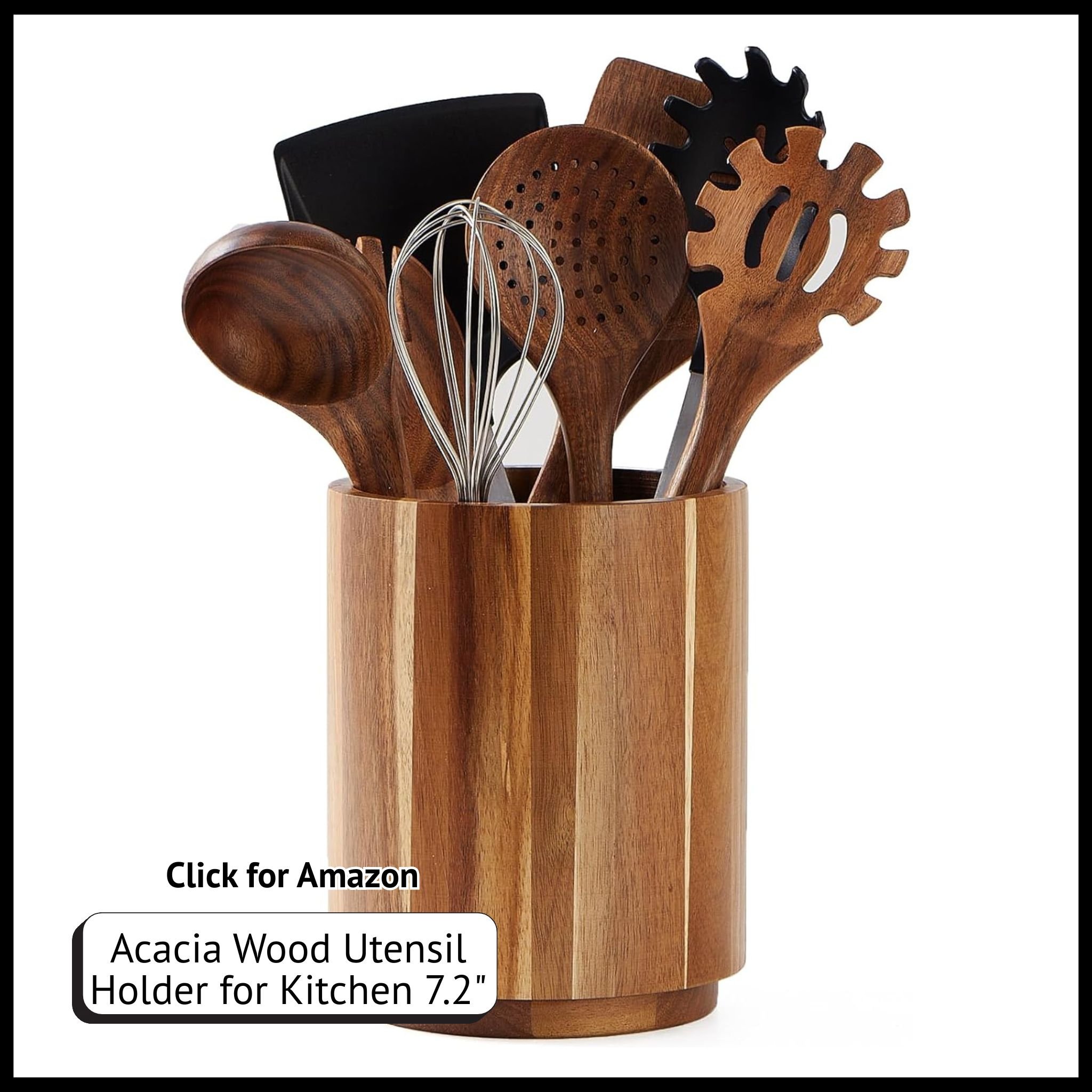 Acacia wood rotating utensil holder, 7.2in kitchen countertop crock with 360° spin for cooking tool storage