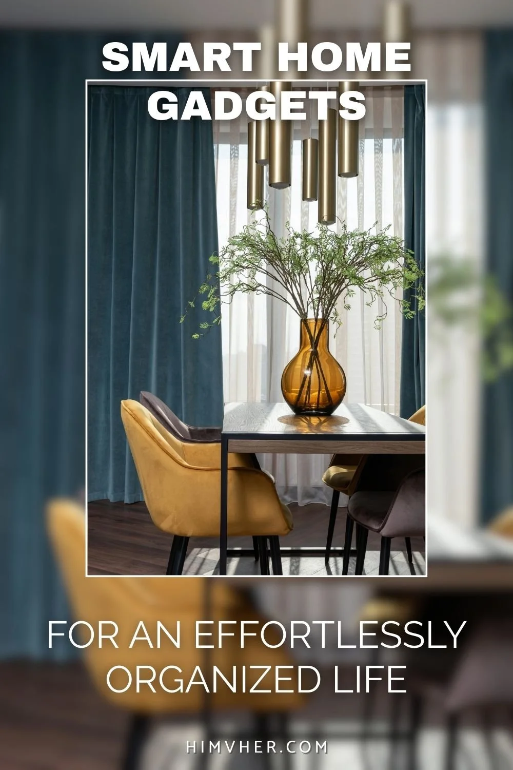 Modern dining room styled with smart home gadgets, ambient lighting, curtains, and minimalist decor for an organized home.