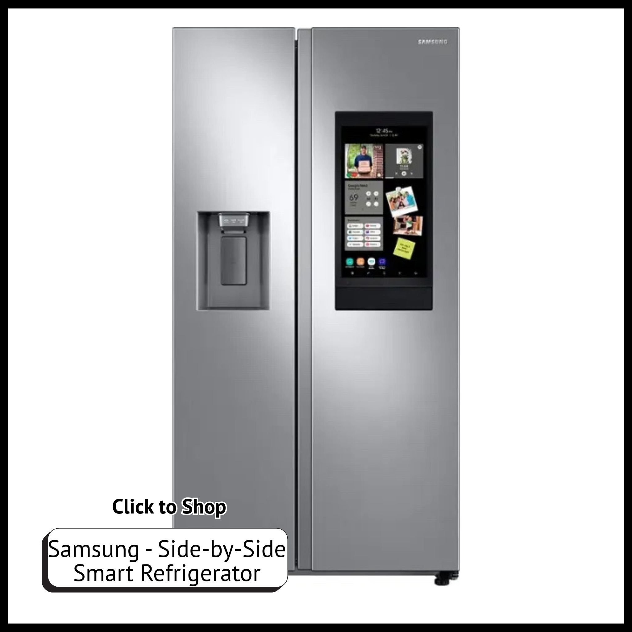 Samsung 26.7 cu. ft. Side-by-Side Smart Fridge with 21.5" Touch-Screen Family Hub for connected kitchen convenience.