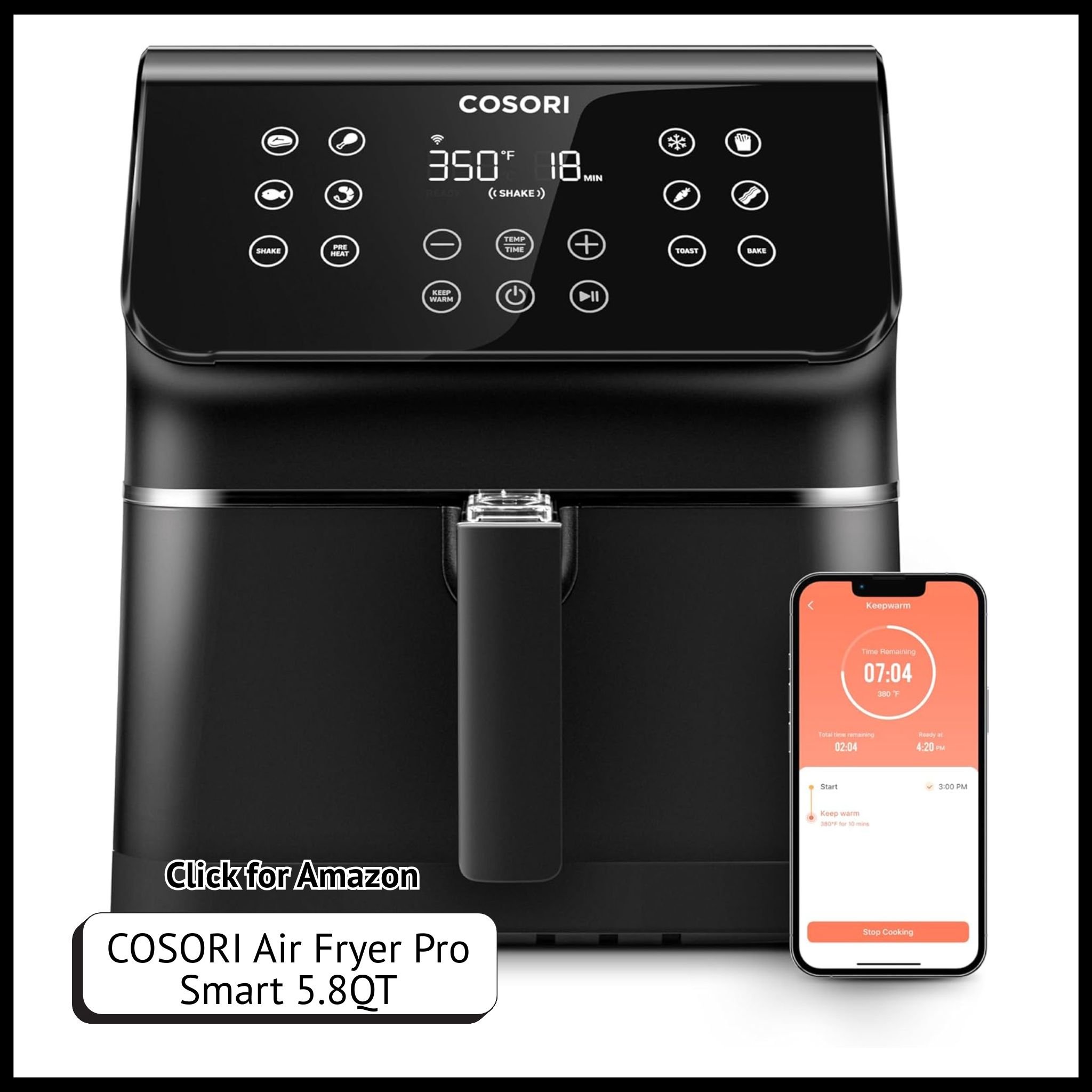 COSORI Pro Smart Air Fryer 5.8QT – 12-in-1 customizable functions with roast, bake, and 3-way smart control for easy cooking.