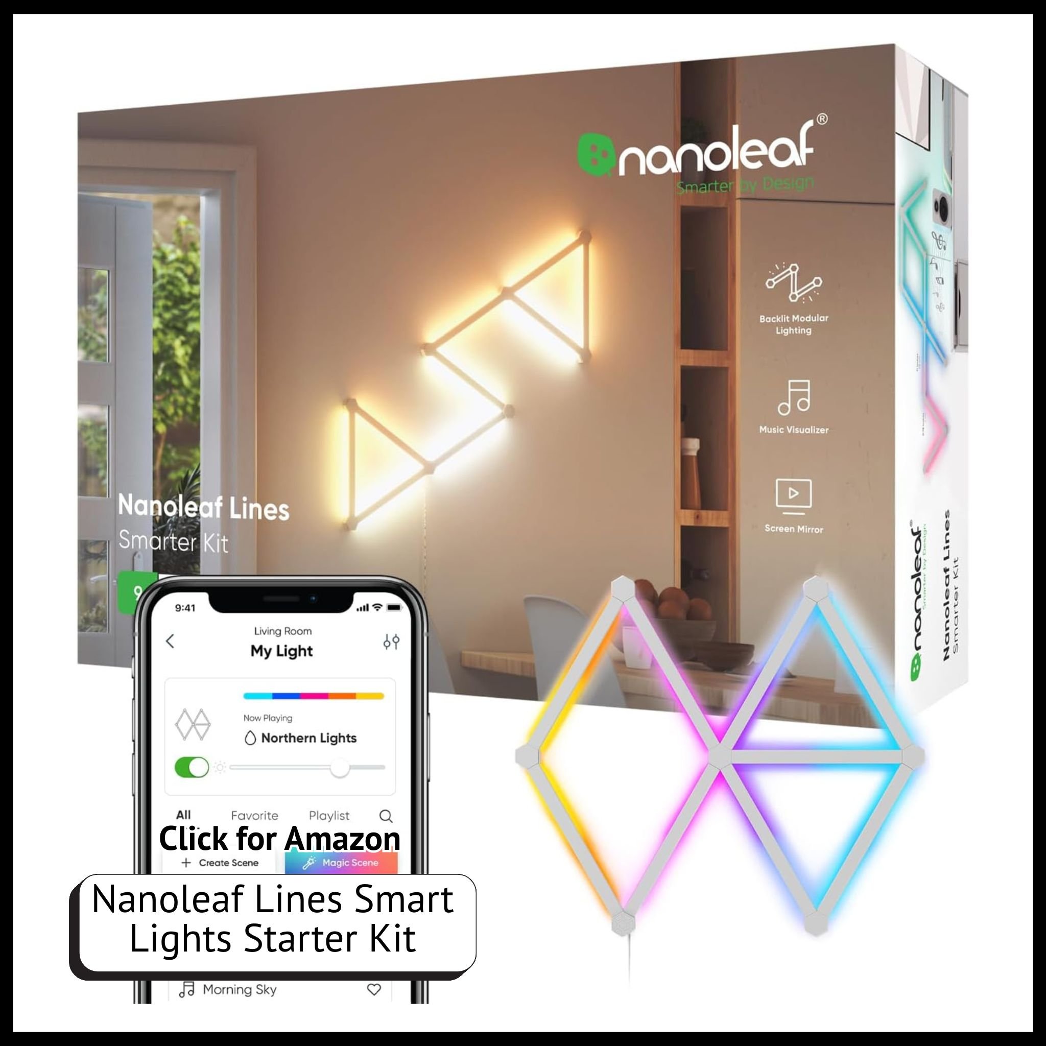 Nanoleaf Lines RGBW wall lights – smart Wi-Fi LED starter kit with 16M+ colors, dimmable lighting, and modular decor design.