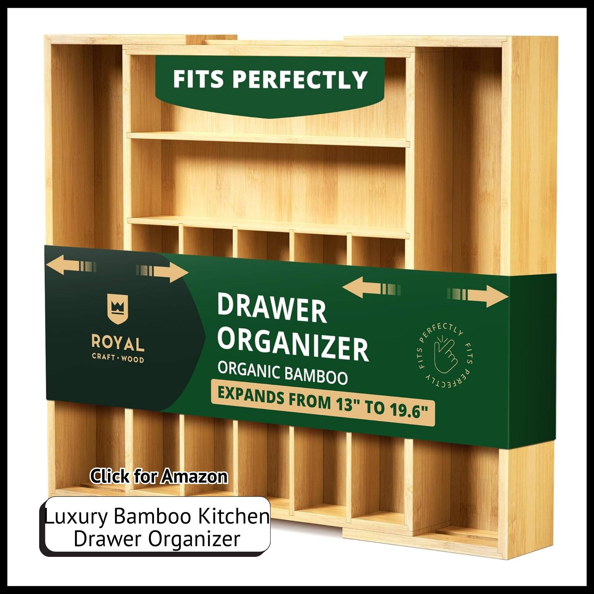 Luxury Bamboo Silverware Organizer – Utensil Holder & Cutlery Tray with Grooved Dividers for Kitchen Drawers.