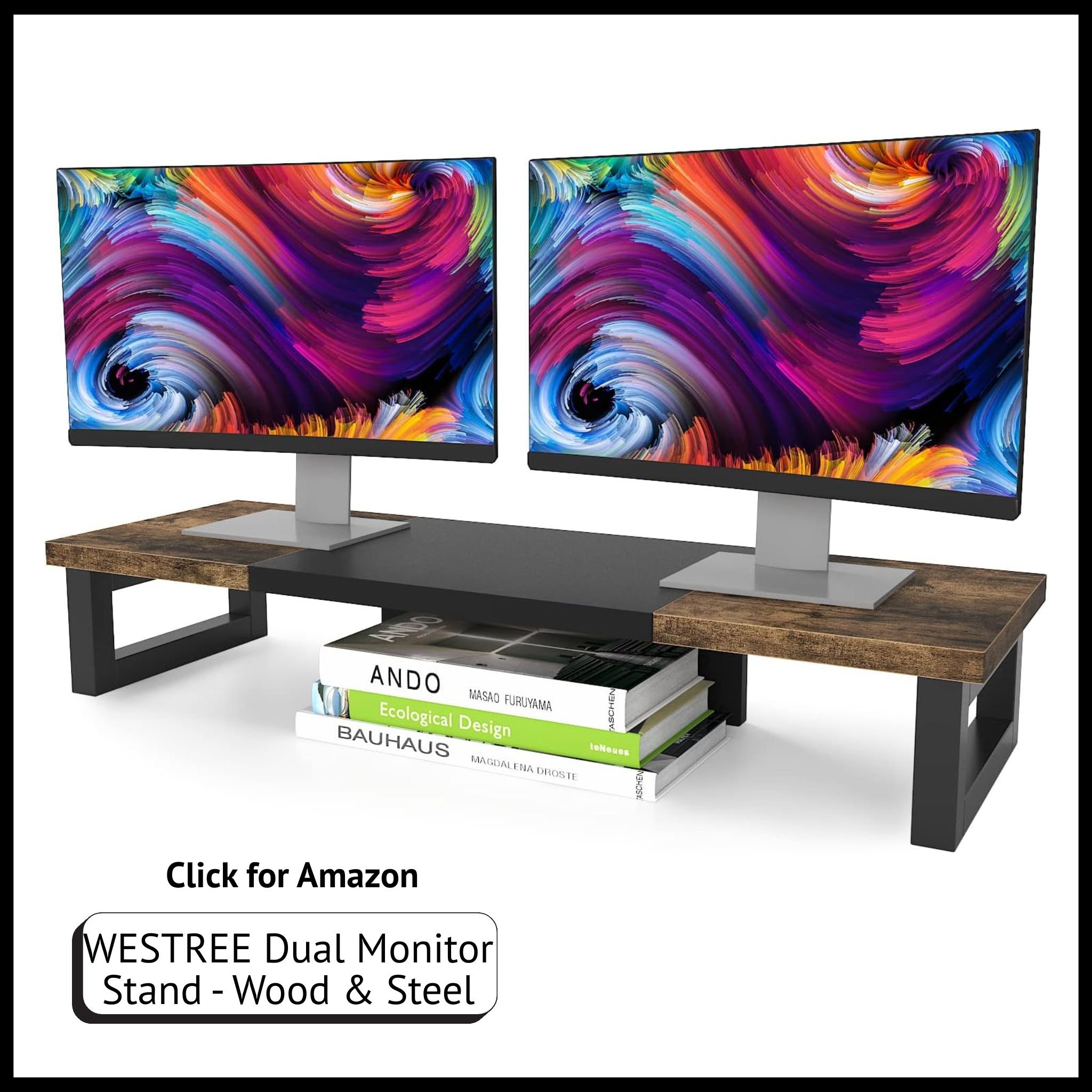 WESTREE dual monitor stand riser – wood and steel desktop organizer for two monitors, improves posture and workspace layout