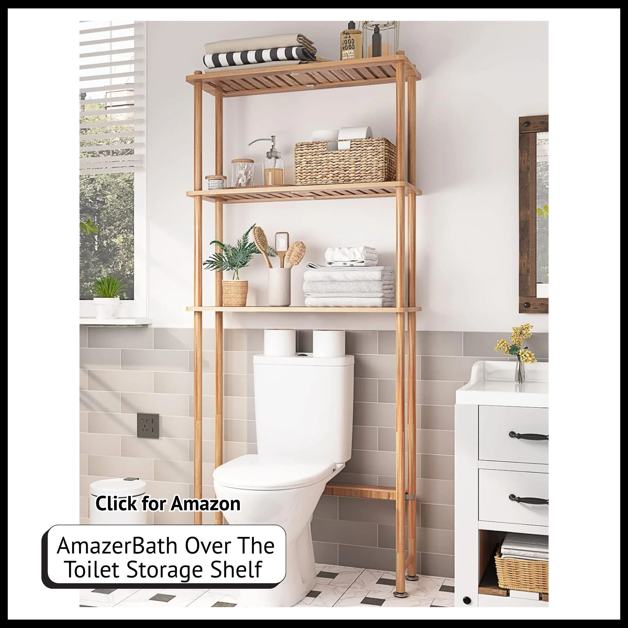 AmazerBath 3-tier bamboo shelf – over-the-toilet organizer rack for bathroom storage and space-saving vertical organization.