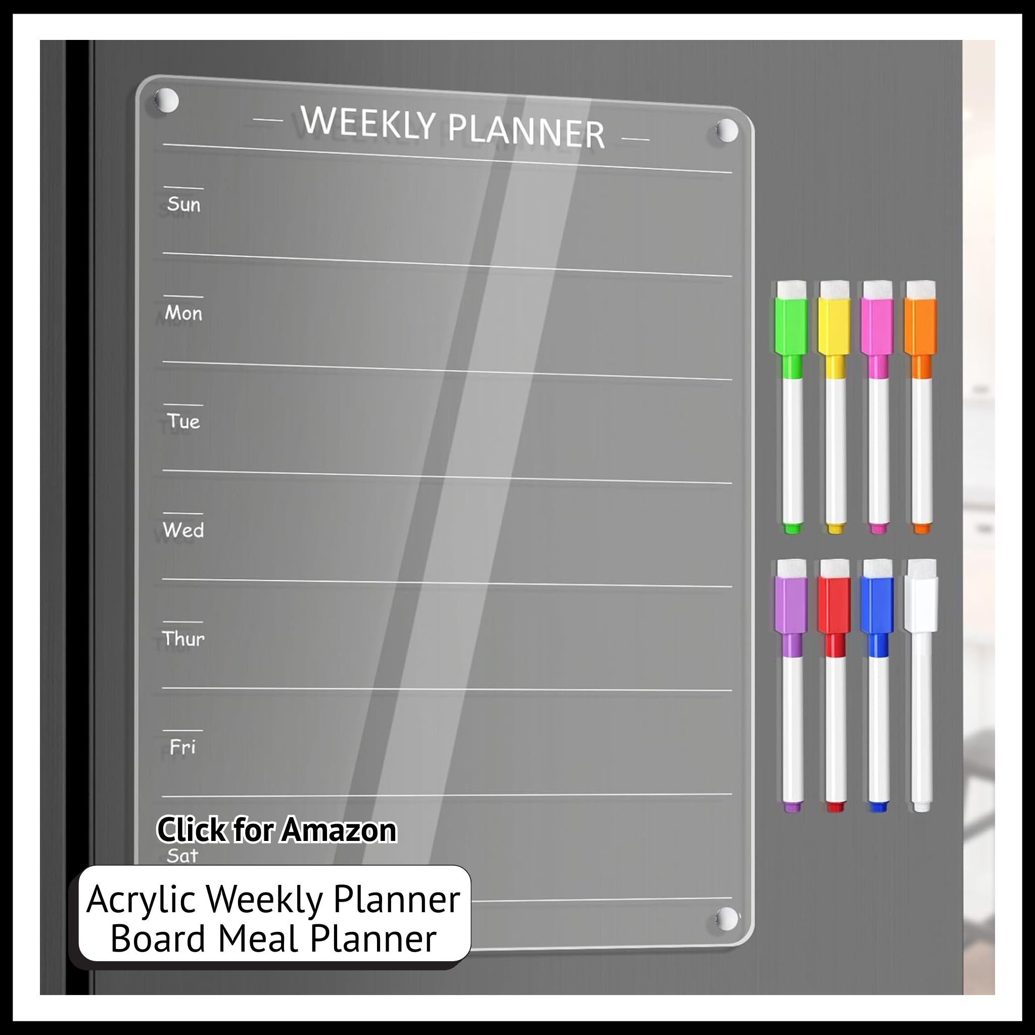 Magnetic acrylic weekly planner board – 12x9” dry erase menu and grocery list board for fridge with 8 markers.
