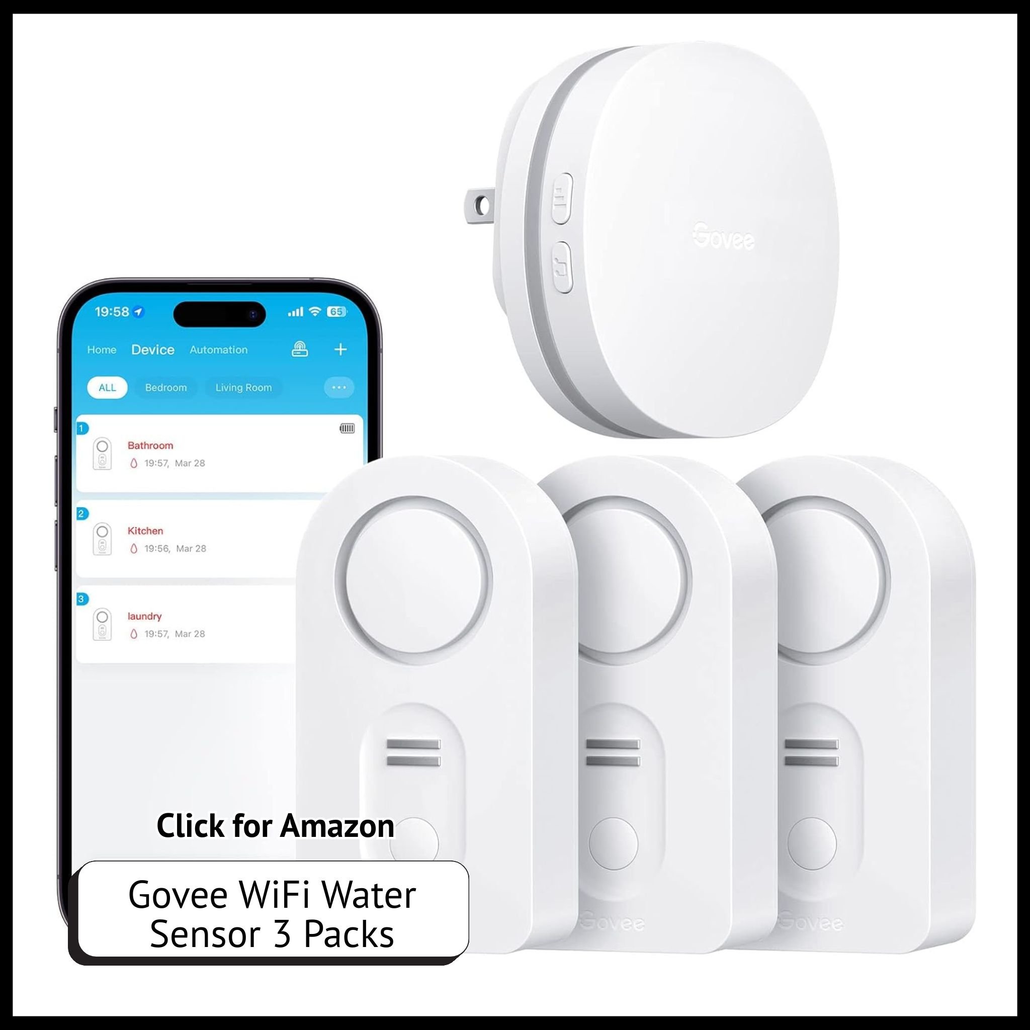 Govee WiFi Water Sensor 3-Pack – Smart leak detectors with 100dB alarm, app alerts for home, basement, and appliances.