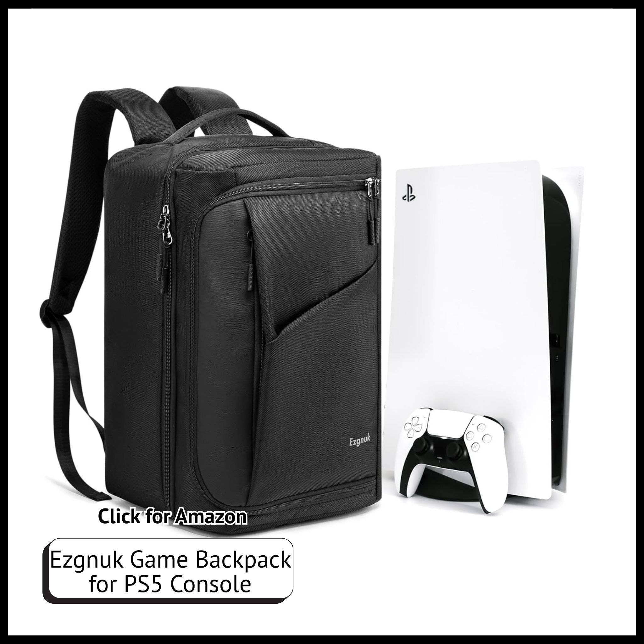 Ezgnuk waterproof backpack for PS5, padded compartments fit console, controllers, headset, discs, and accessories