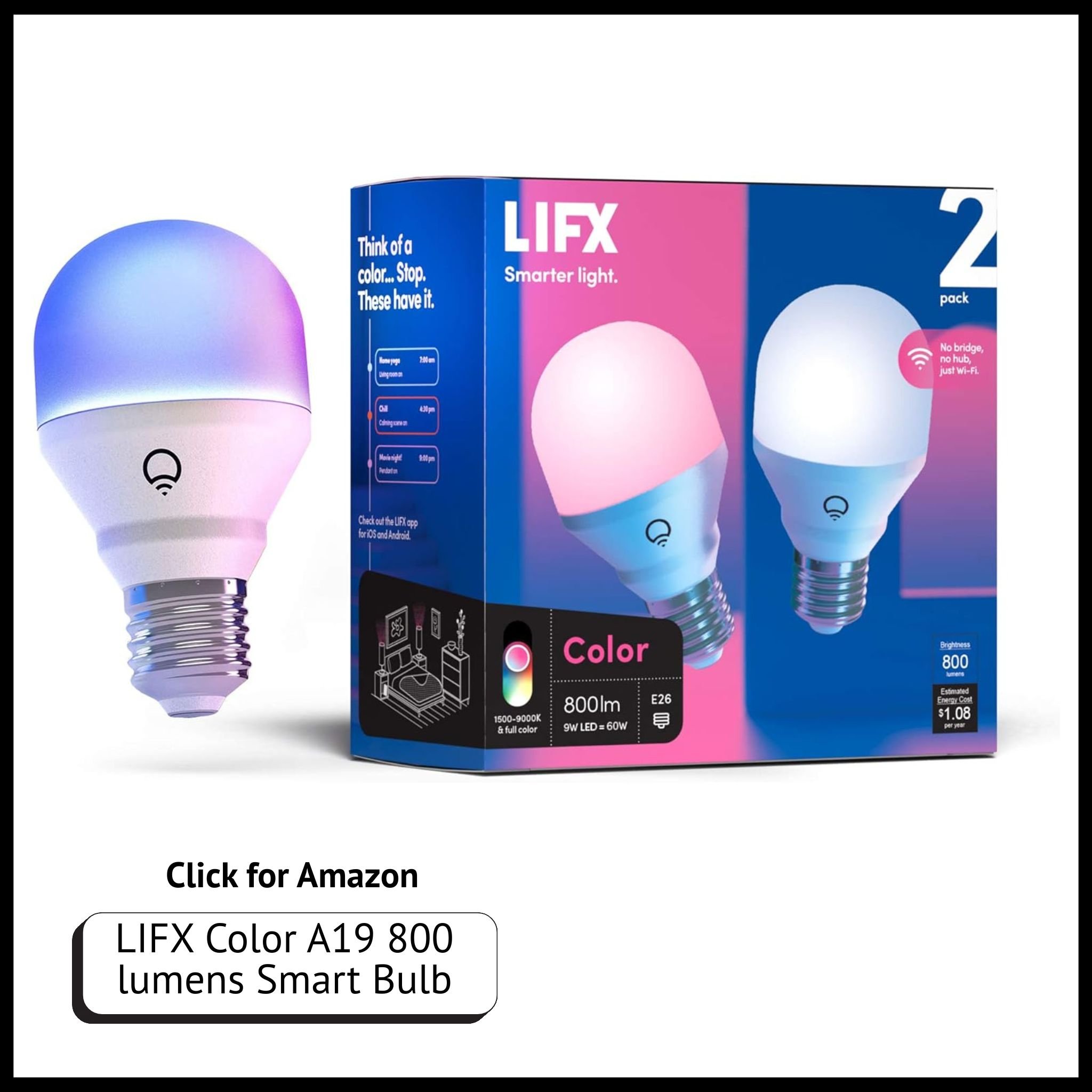 LIFX A19 smart LED bulb – Wi-Fi-enabled with 800 lumens, billions of color options, and tunable white lighting.