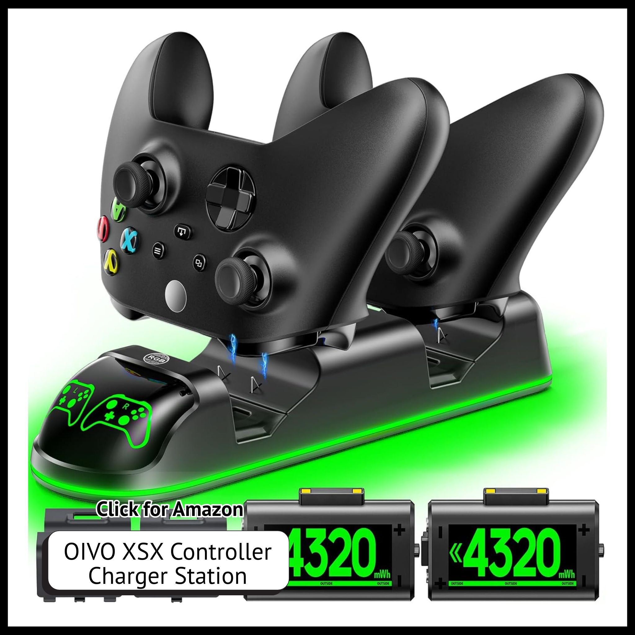 OIVO Xbox Controller Charger Station with 2×4320mWh Batteries – Compatible with Series X/S, One, Elite, and Core Controllers.