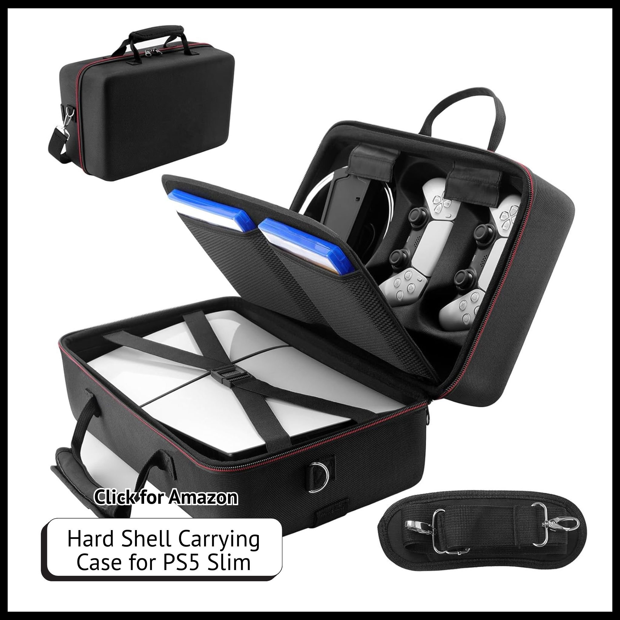 Hard shell travel case for PS5 Slim 2023, fits disc/digital console, 2 controllers, stand, cables; EVA interior, nylon shell