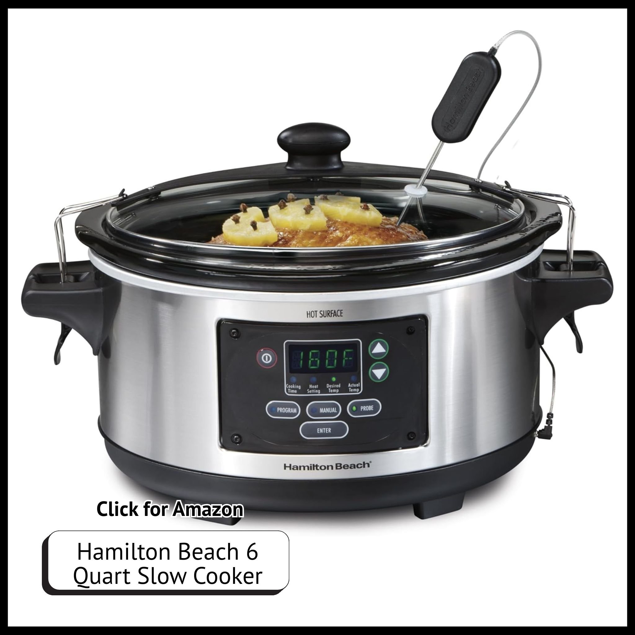 Hamilton Beach 6-Quart Slow Cooker – Set & Forget portable cooker with lid lock for mess-free travel.