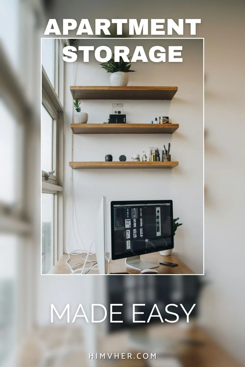 Apartment storage ideas with wall shelves and desk setup for small space organization solutions