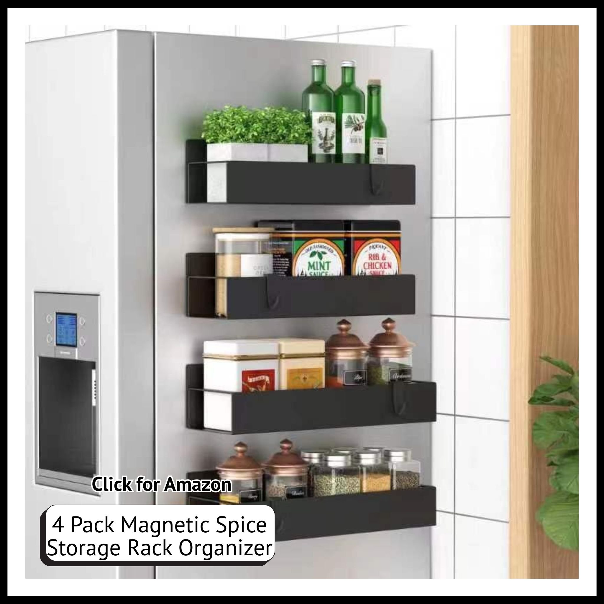4-pack magnetic spice racks – sleek black fridge or oven shelves for compact kitchen storage of spices and jars.