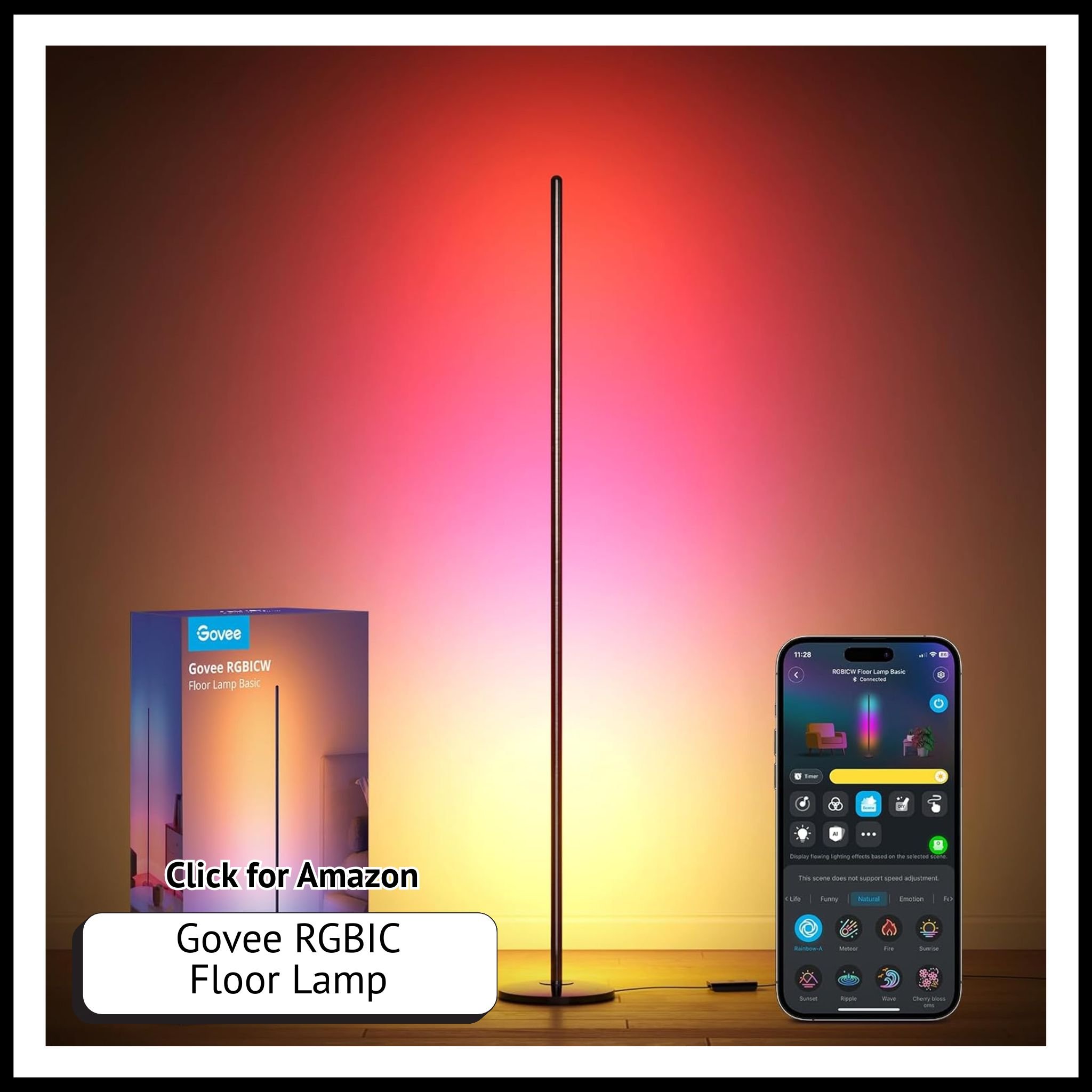 Govee RGBIC floor lamp – smart LED corner lamp with Alexa support, music sync, and 16 million DIY colors for modern ambiance.