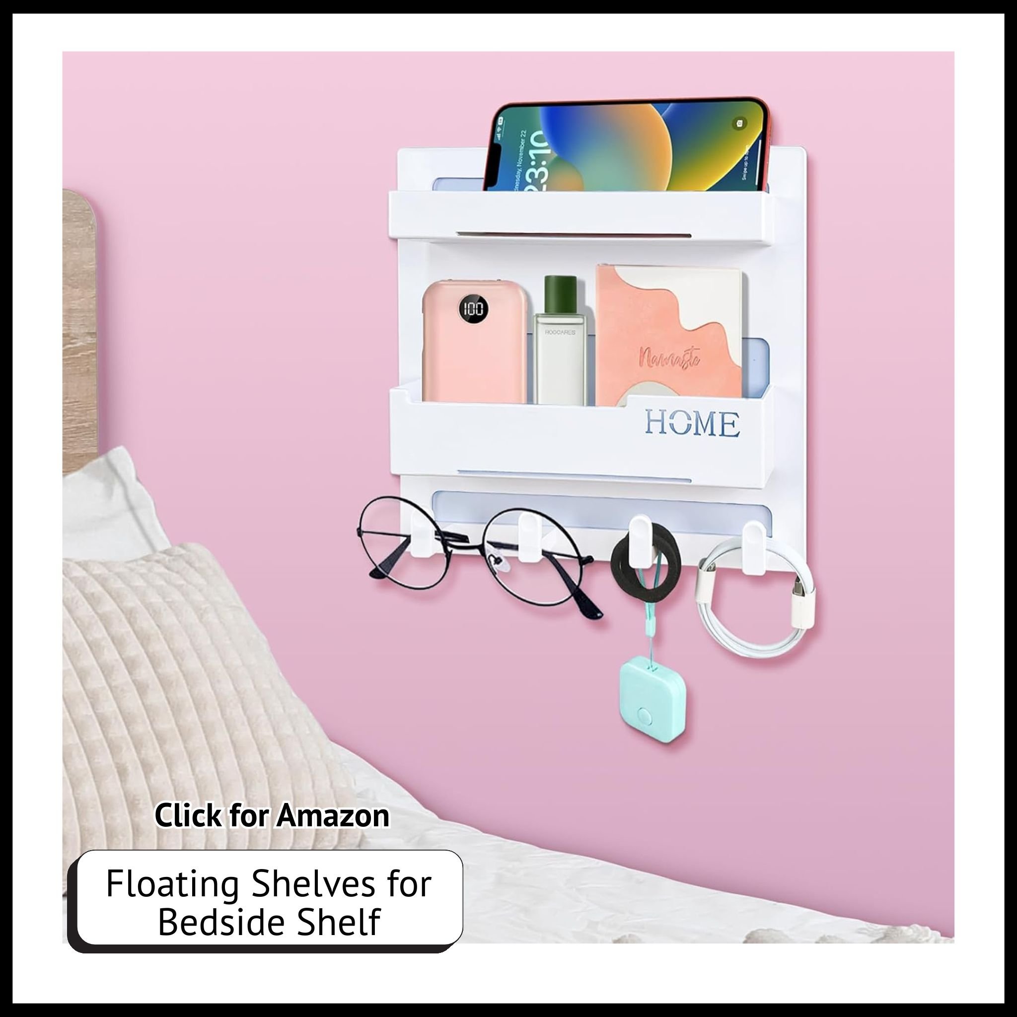 Floating bedside shelf – self-adhesive wall-mounted organizer for small nightstand items and tight spaces.