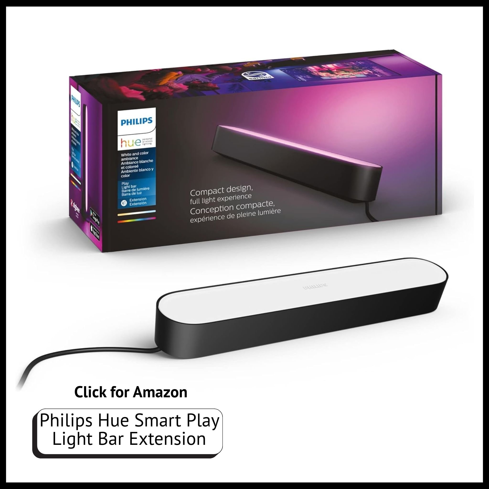 Philips Hue Smart Play Light Bar Extension – black LED light, color-changing, app-controlled smart home lighting add-on.