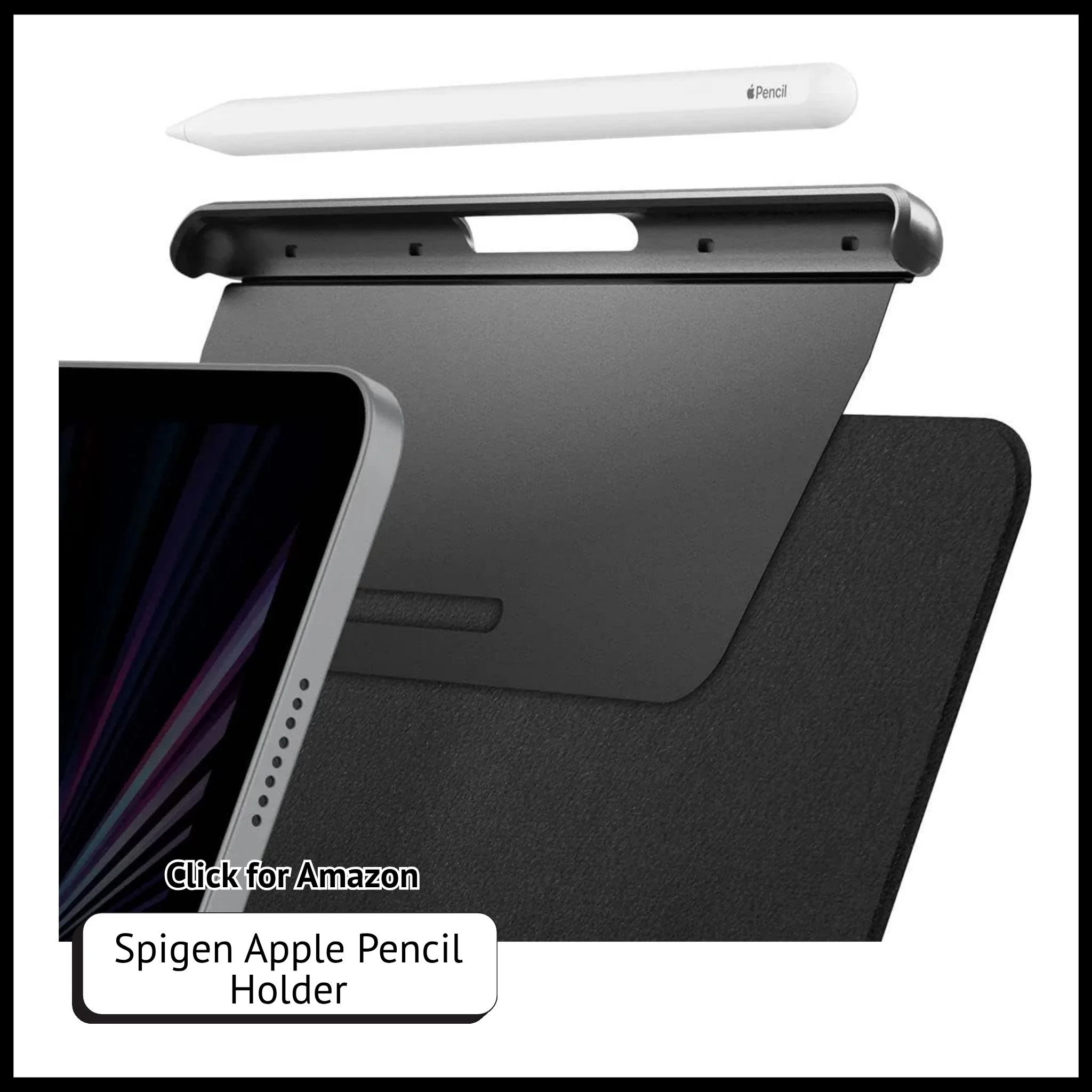 Spigen Apple Pencil Pro magnetic holder for iPad Magic Keyboard and Smart Folio, sleek black accessory.