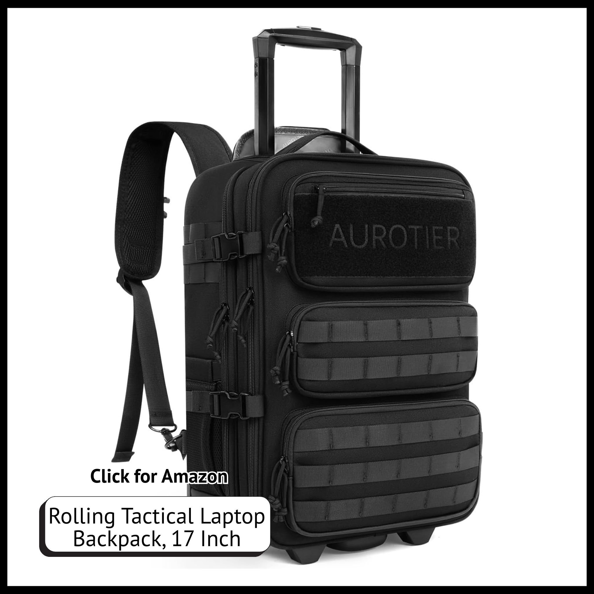AUROTIER 17-inch rolling tactical laptop backpack, MOLLE design, waterproof, fits laptop, gear, and accessories