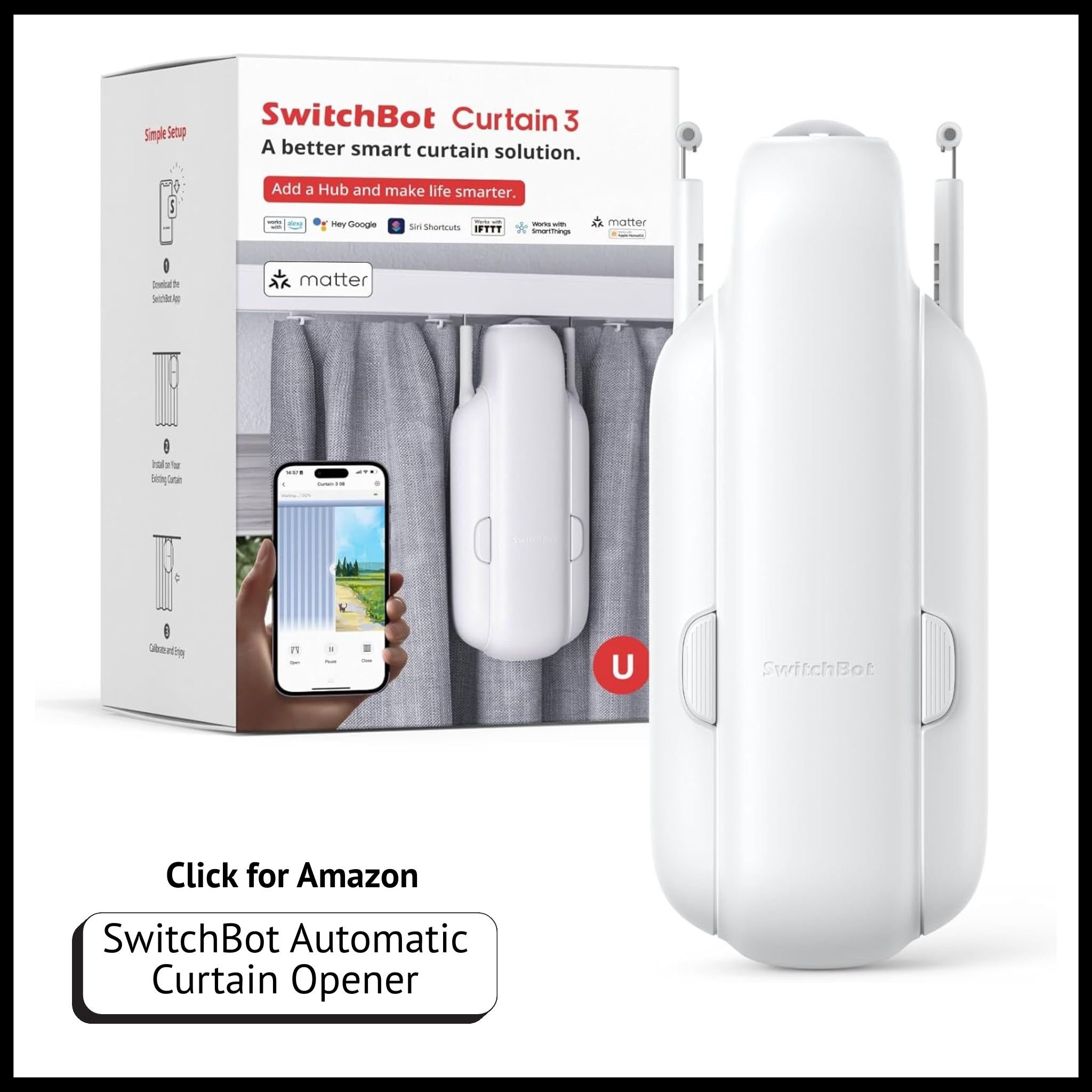 SwitchBot smart curtain opener – Bluetooth automatic drape controller with app and remote control for hands-free convenience.