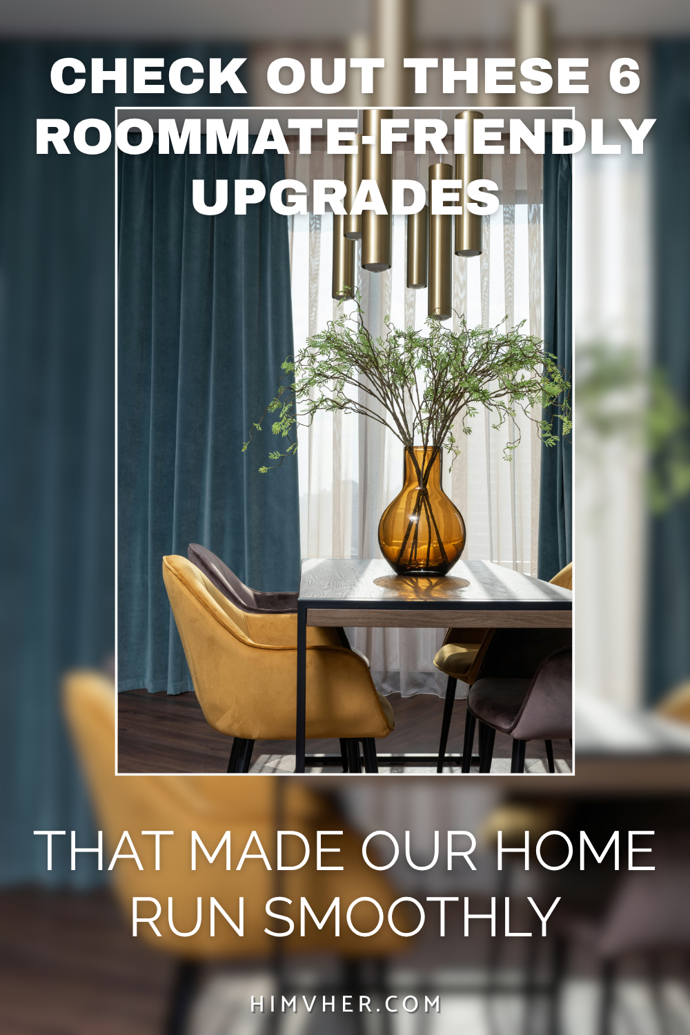 Modern dining room with velvet chairs, blue curtains, and amber vase centerpiece — stylish roommate-friendly home upgrades